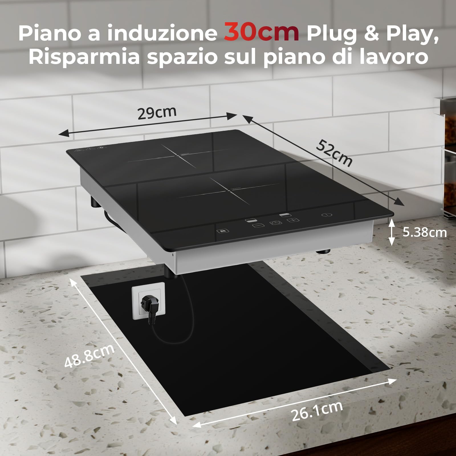 Piano Induzione 2 Fuochi da Portatile/Incasso, 3000W Piastra Induzione 2 Fuochi, Comando Touch, 9 Livelli di Potenza, Timer 99 Min, Spegnimento Automatico, Sicurezza Bambini, con Cavo di Alimentazione