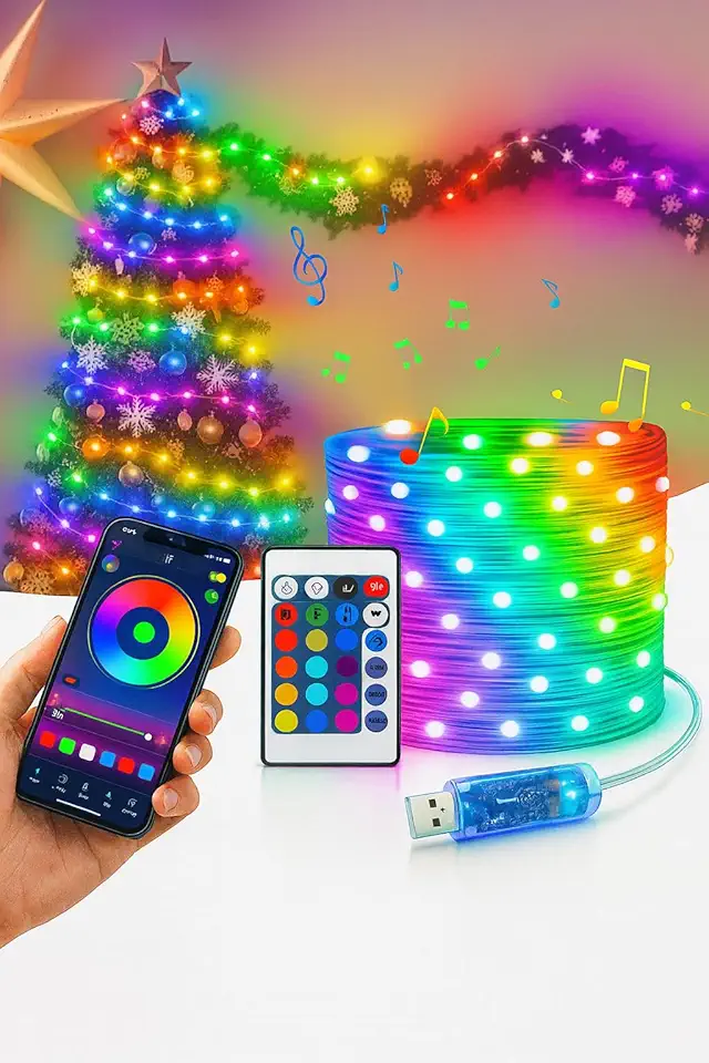 Pisca Pisca Natal Smart 10m 100 Leds Bluetooth | Controle Remoto e App Celular | 6 Funções Piscantes USB Prova d’Água IP68 – Decoração Natal Festa