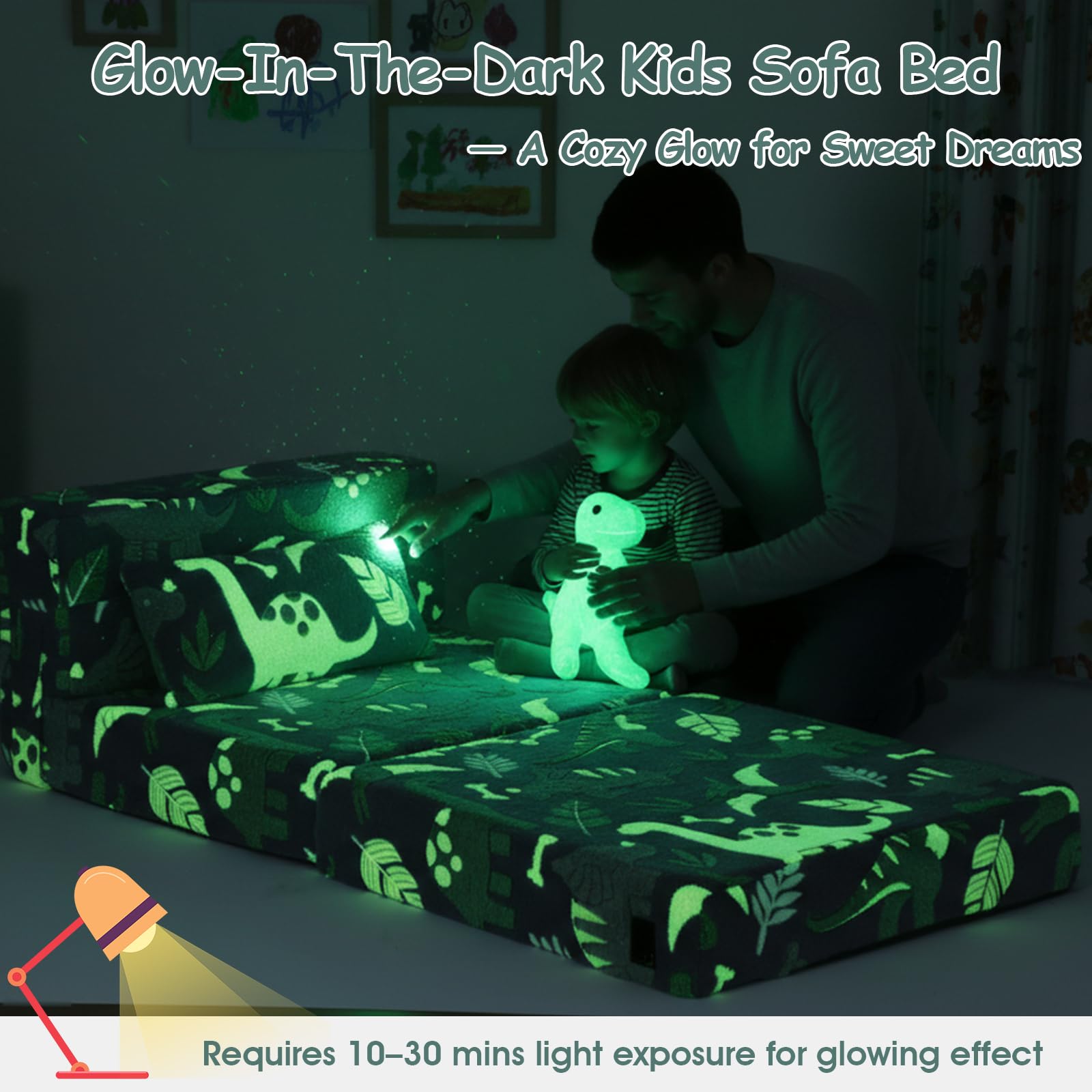 Canapé-lit pour enfants, matelas de sol phosphorescent, canapé modulaire bleu pour bébé, canapé pliable pour enfants, futon convertible, matelas pliable pour salle de jeux, dinosaure vert