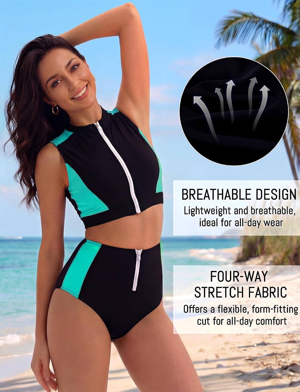 Women's Two Piece Zip Front Swimsuit High Waisted Crop Top Sleeveless Athletic Bathing Suit Color Block Sporty Swimwear