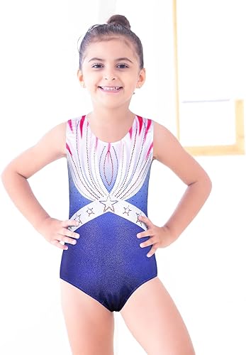 Miniatura 2 de Leotardo para gimnasia artística, deportivo, brillante, con bandera de Estados Unidos, rojo, blanco y azul para niña