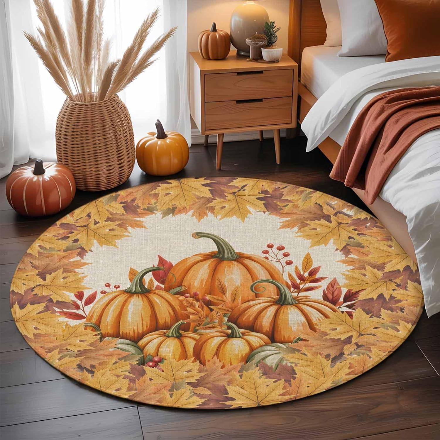 Orange Pumpkin Fall Round Rug 3ft Washable Circle Entryway Rugs Non Slip Thanksgiving Maple Left Botanical Autumn Area Rug Indoor Floor Carpet for Bedroom Kitchen Living Room Office Dining Room
