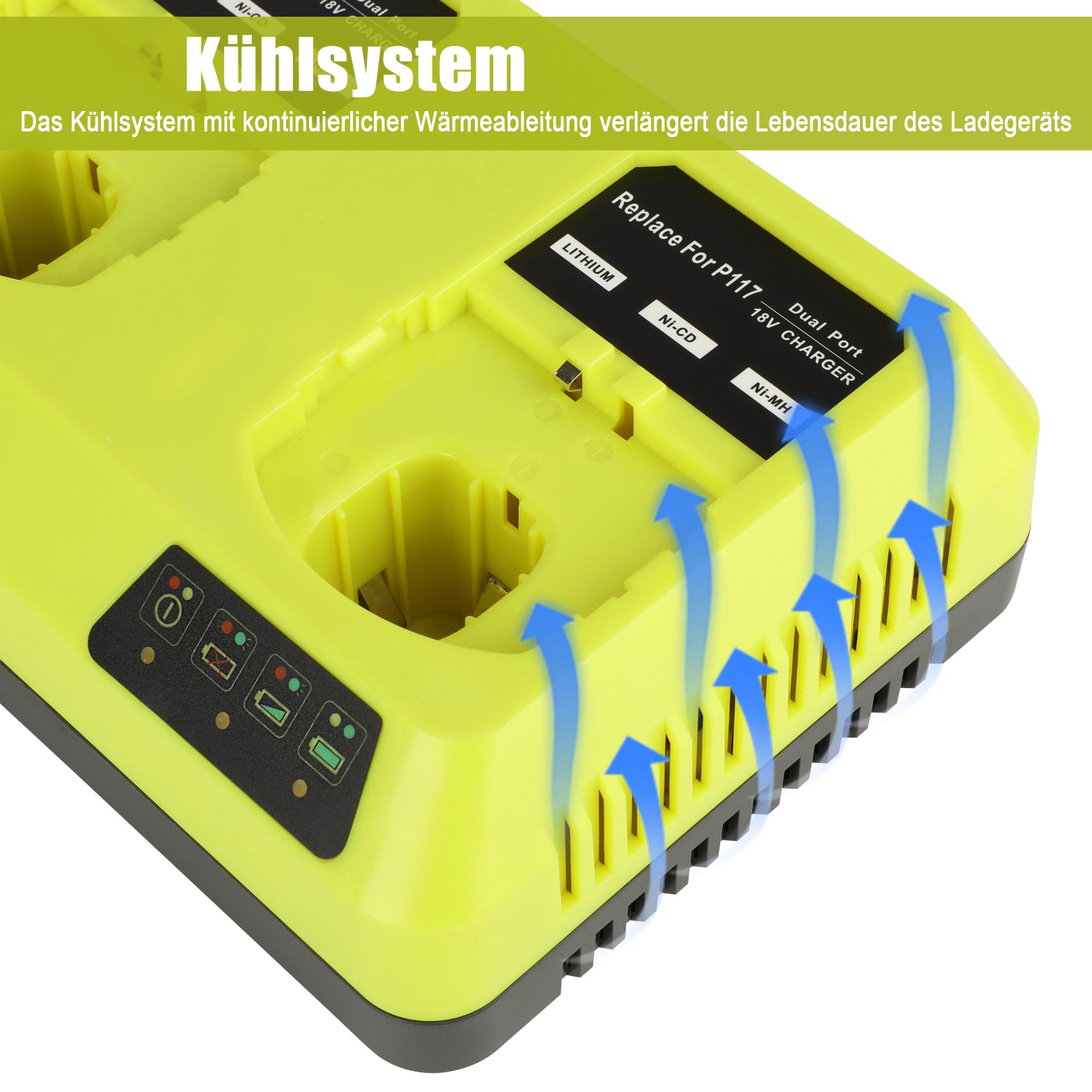 KUNLUN Ersatzladegerät für Ryobi Akku 18V ONE+ 3A P117 Doppelladegerät