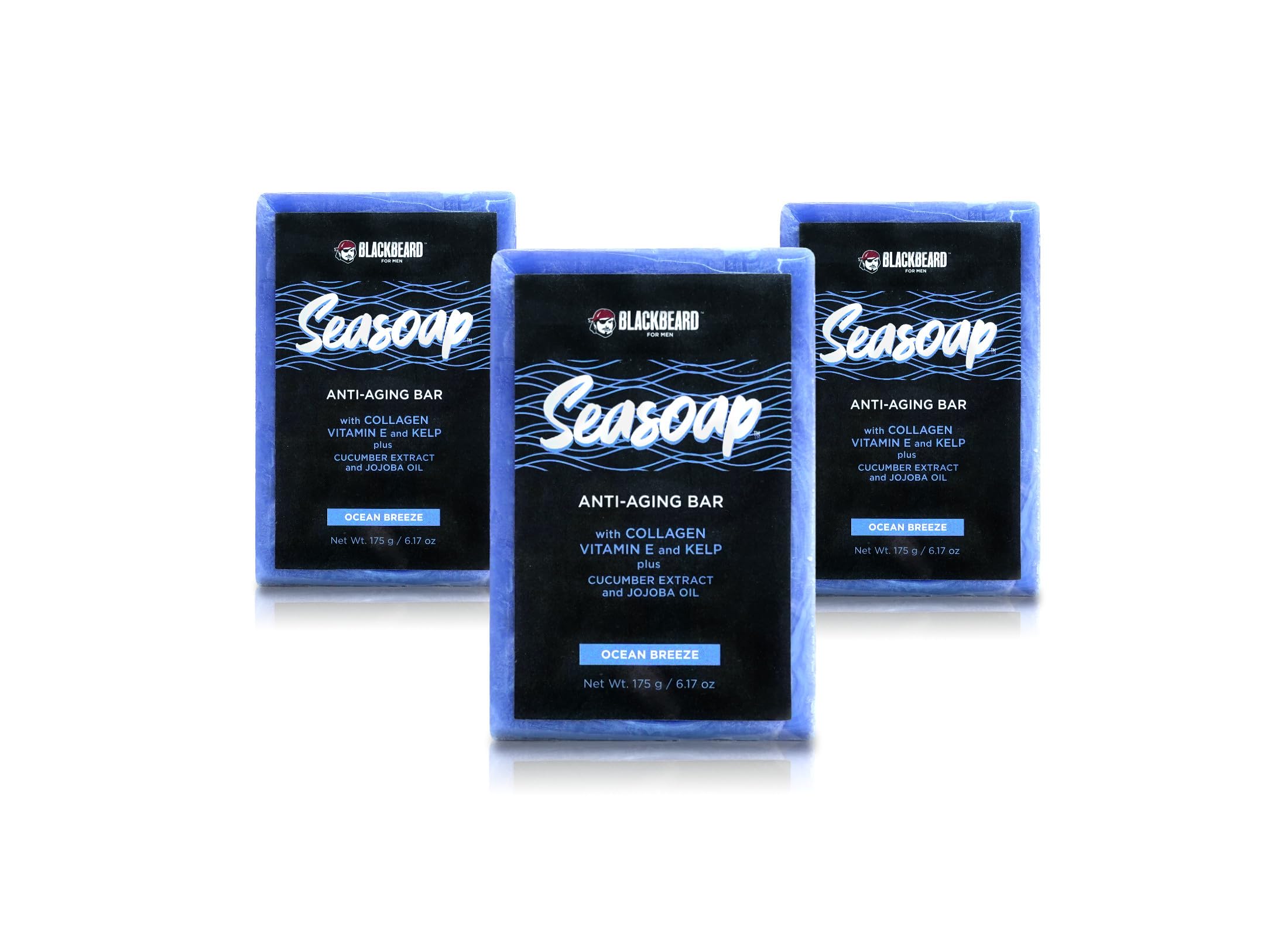 BLACKBEARD FOR MEN Seasoap – Age-defying Bar Soap, Natural Mens Face & Body Soap, Hydrating Luxury Bar with Collagen, Kelp & Vitamin E, Ocean Breeze Scent - 3 Pack