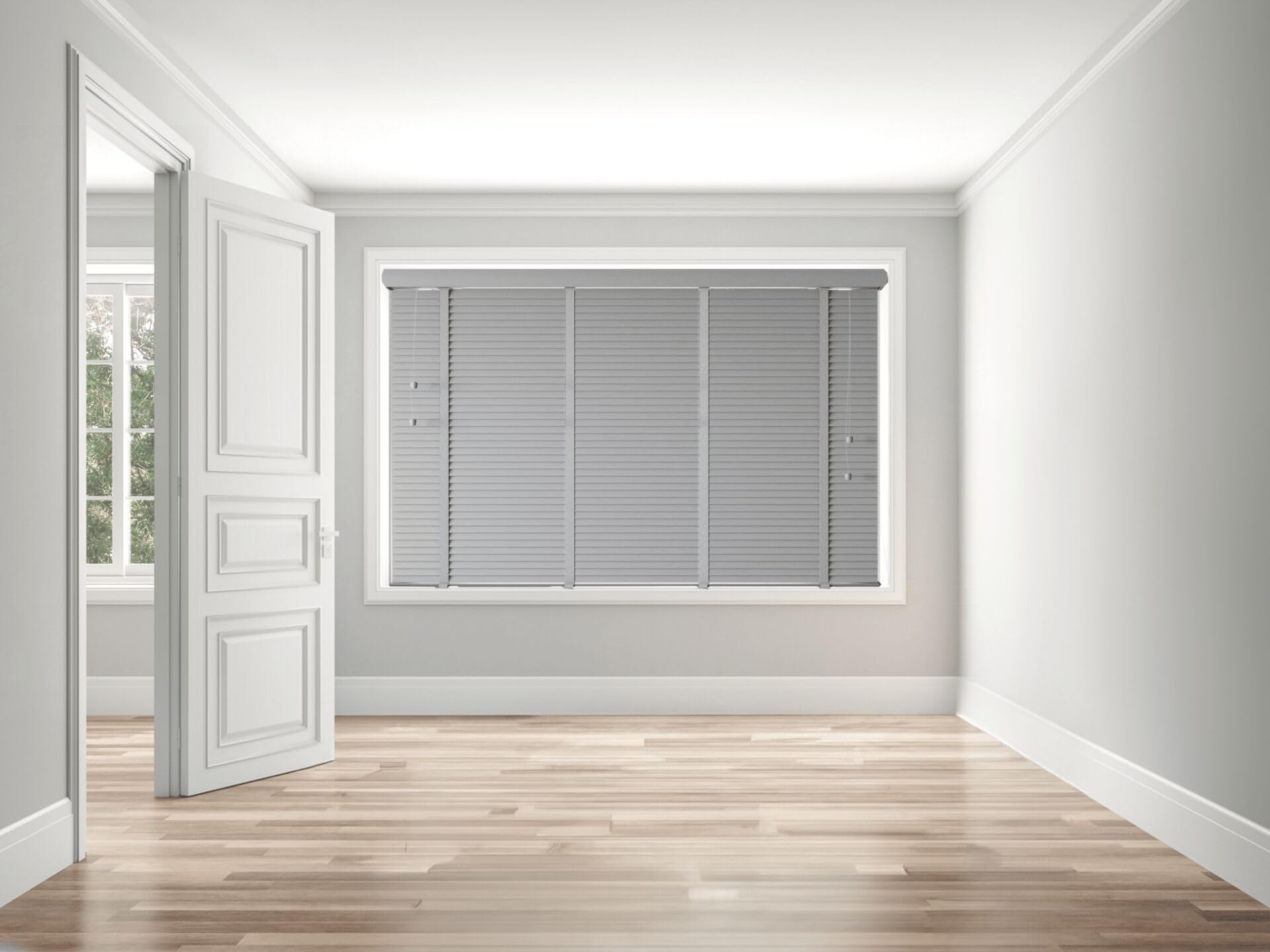 Faux Wood Venetian Blind 50mm Slats Wood Grain Pattern Tape Light Grey 195cm Width x 120cm Length
