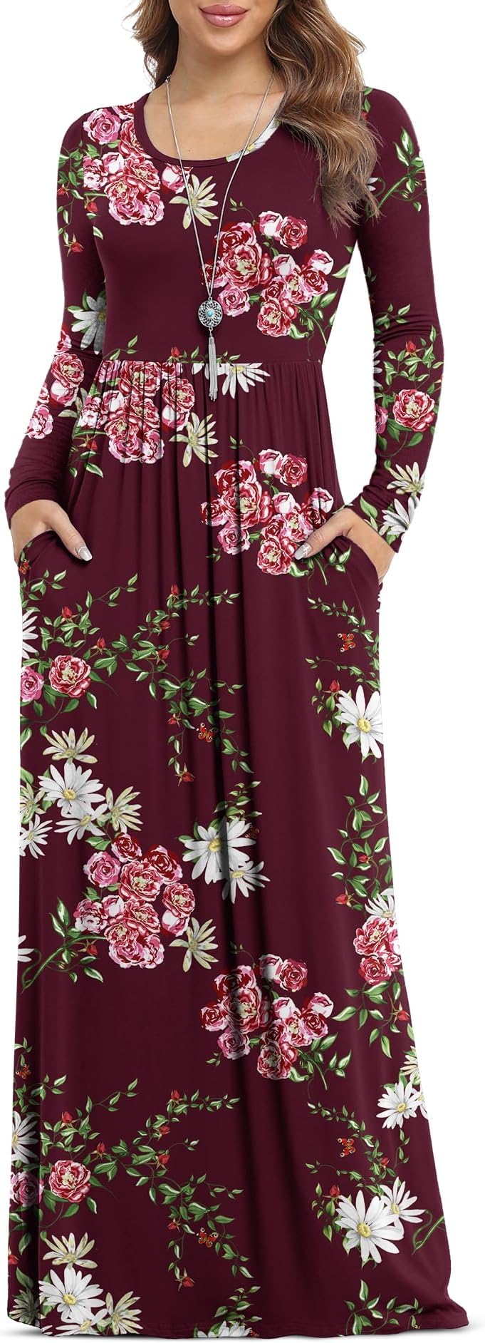 Women's Long Sleeve Loose Plain Maxi Dresses Casual Long Dresses with Pockets