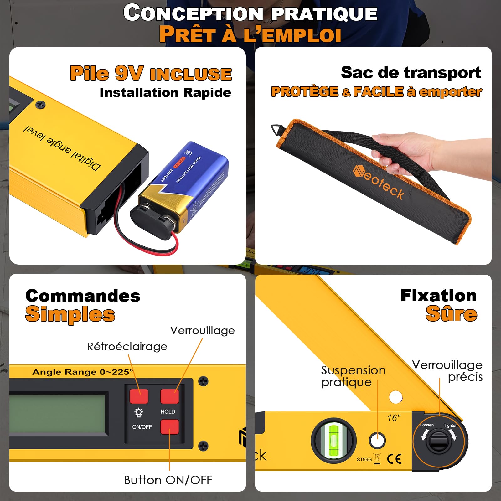 Neoteck 400mm / 16inch 0~225 ° Numérique Angle Finder Règle d'angle Horizontal NumériqueLCD Rétro-Éclairage Niveau Rapporteur avec Étui Portable pour Industrielles Restructuration du Travail Jaune