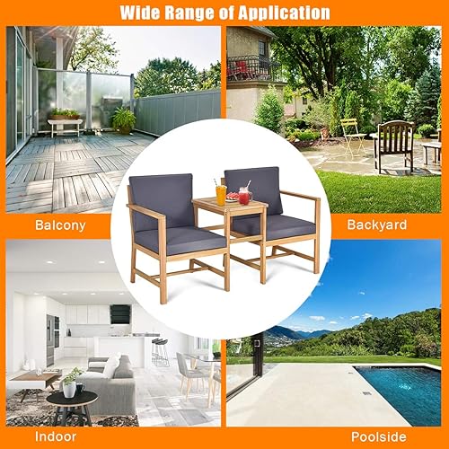 Miniatura 3 de Tangkula 3 en 1 sofá de madera de acacia con mesa de centro separable, juego de 3 sillas de madera con cojines, juego de muebles de exterior de 2