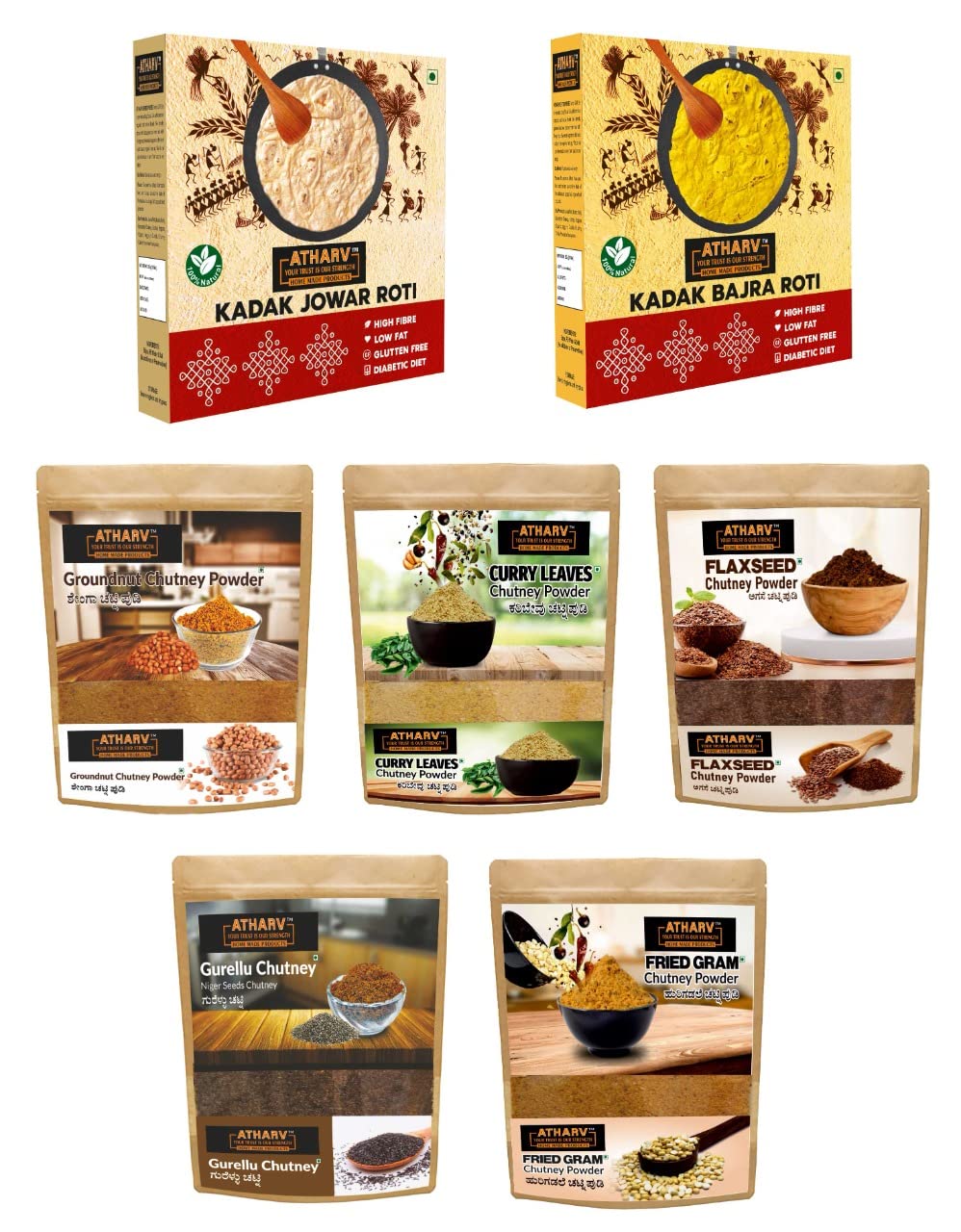 Atharv Combo- JOWAR & BHAJRA ROTI (10PC Each) I Groundnut - GURELLU - FRIEDGRAM - Curry Leave & Flaxseed Chutney Powder (Pack of 1- 200G Each)
