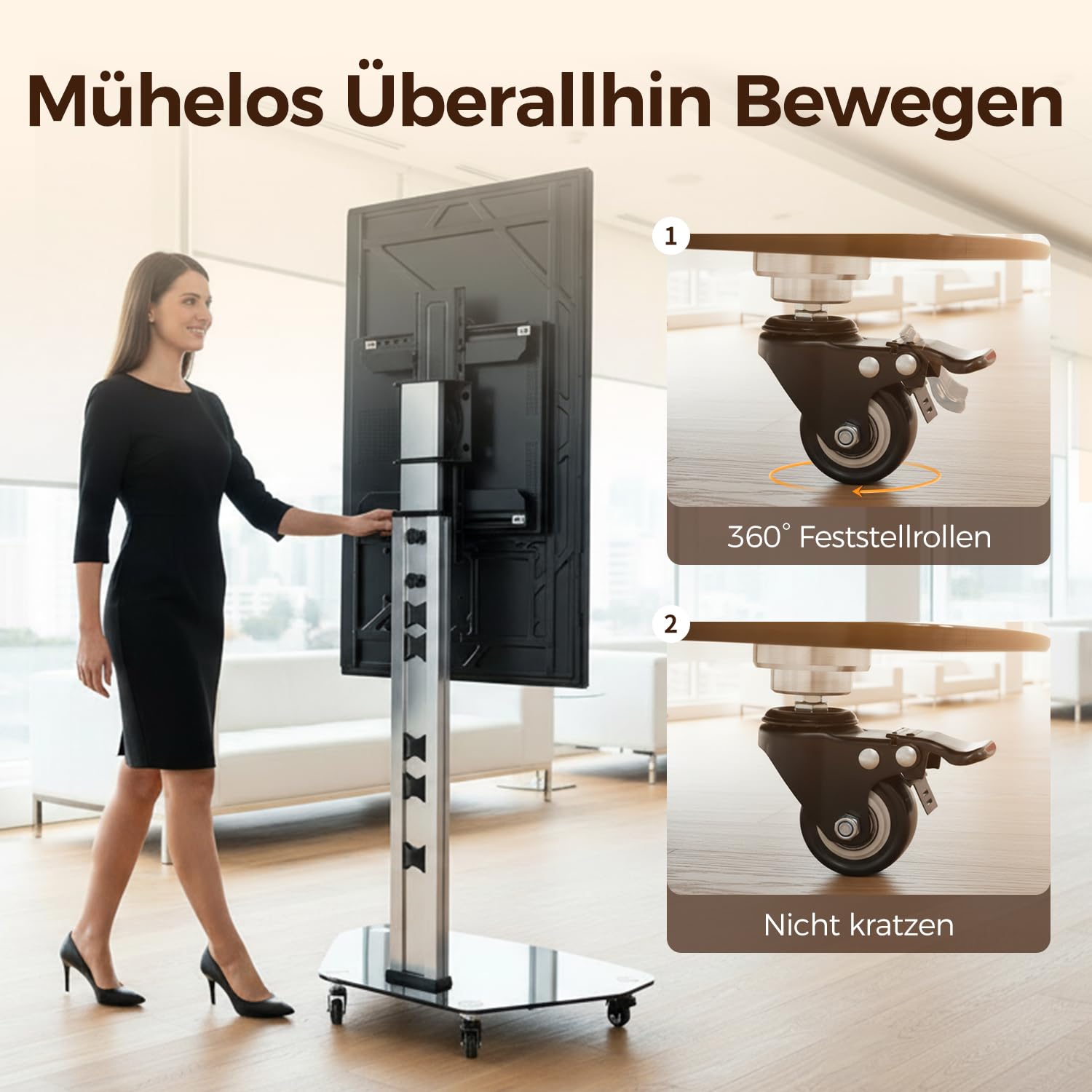 JAV Interaktives Whiteboard Ständer Mobiler Smart Board Ständer Rollbar für 32-55 Zoll Tragbarer Smart Screen mit 4 Feststellbare Räder Höhenverstellbar Bodenständer für Büro Klassenzimmer Zuhause