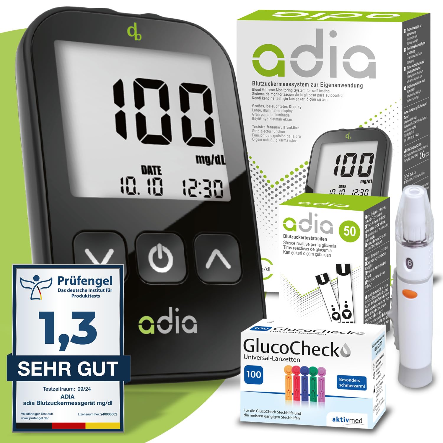 adia Glucometer (mg/dl) + 60 Blood Glucose Test Strips + 110 Lancets Maxi Savings Pack for Diabetes Blood Glucose Self-Monitoring