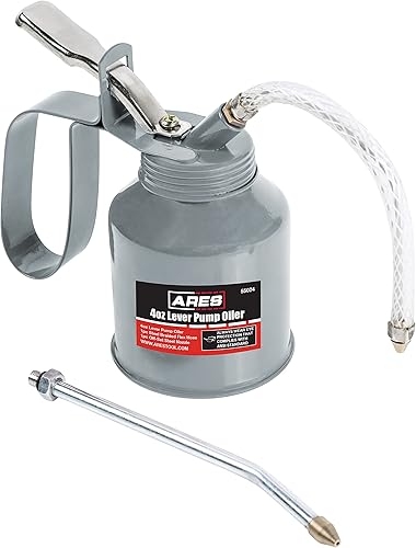 ARES 55024 - Lata de aceite estilo palanca gris de 4 onzas - Incluye manguera flexible trenzada de acero y boquilla de acero rígido compensado -