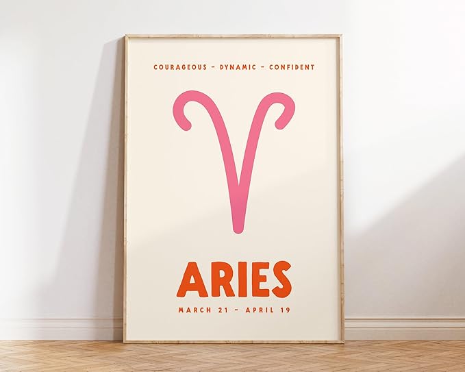 Aries Print, Zodiac Poster, Print, Trendy Wall Art, Star Sign Print, Preppy Wall Decor, Pink and Orange, Art