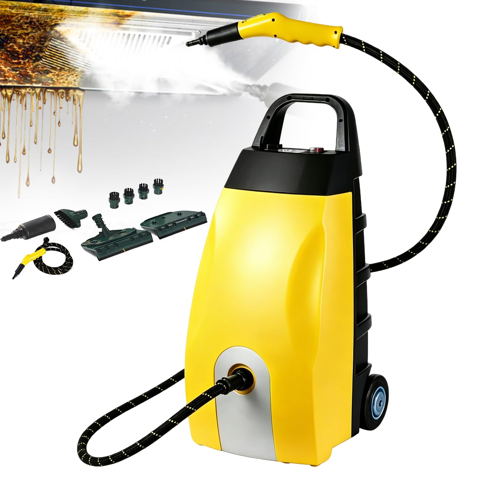 URJWAN Multipurpose High Pressure Steam Cleaner, Heavy-Duty Portable Steamer with Tank & 6 Accessories, Ideal for Home Kitchen Car Upholstery Tile Grout AC Cleaning Yellow