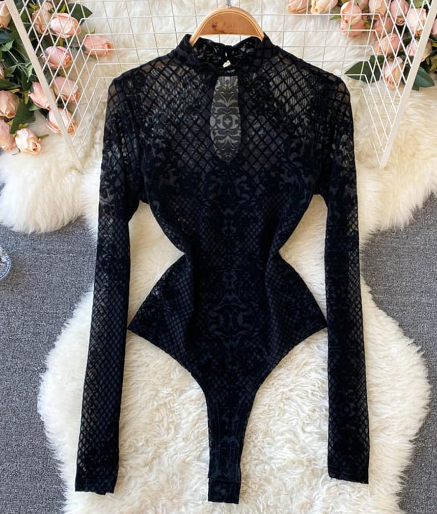 Women Summer Cute Long Sleeve Bodysuits Mock Neck Semi Sheer Mesh Flower Prom Shirt Date Night Outfit Leotard - Image 7