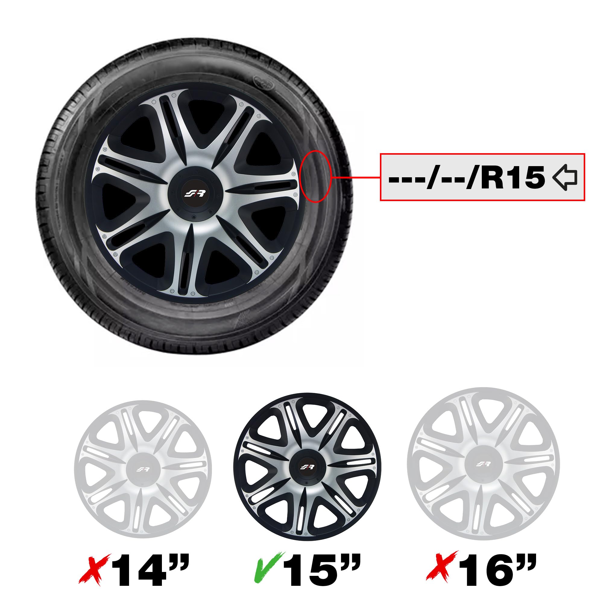 Simoni Racing NAS/15SB Set 4 Copricerchi universali Nascar Silver Black da 15 Pollici, Copriruota Auto Nero e Grigio Silver