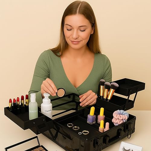 Miniatura 5 de Ver Beauty Organizador profesional de joyas y maquillaje, estuche de viaje acrílico resistente de 0.150 in con 6 bandejas extensibles y cerraduras,