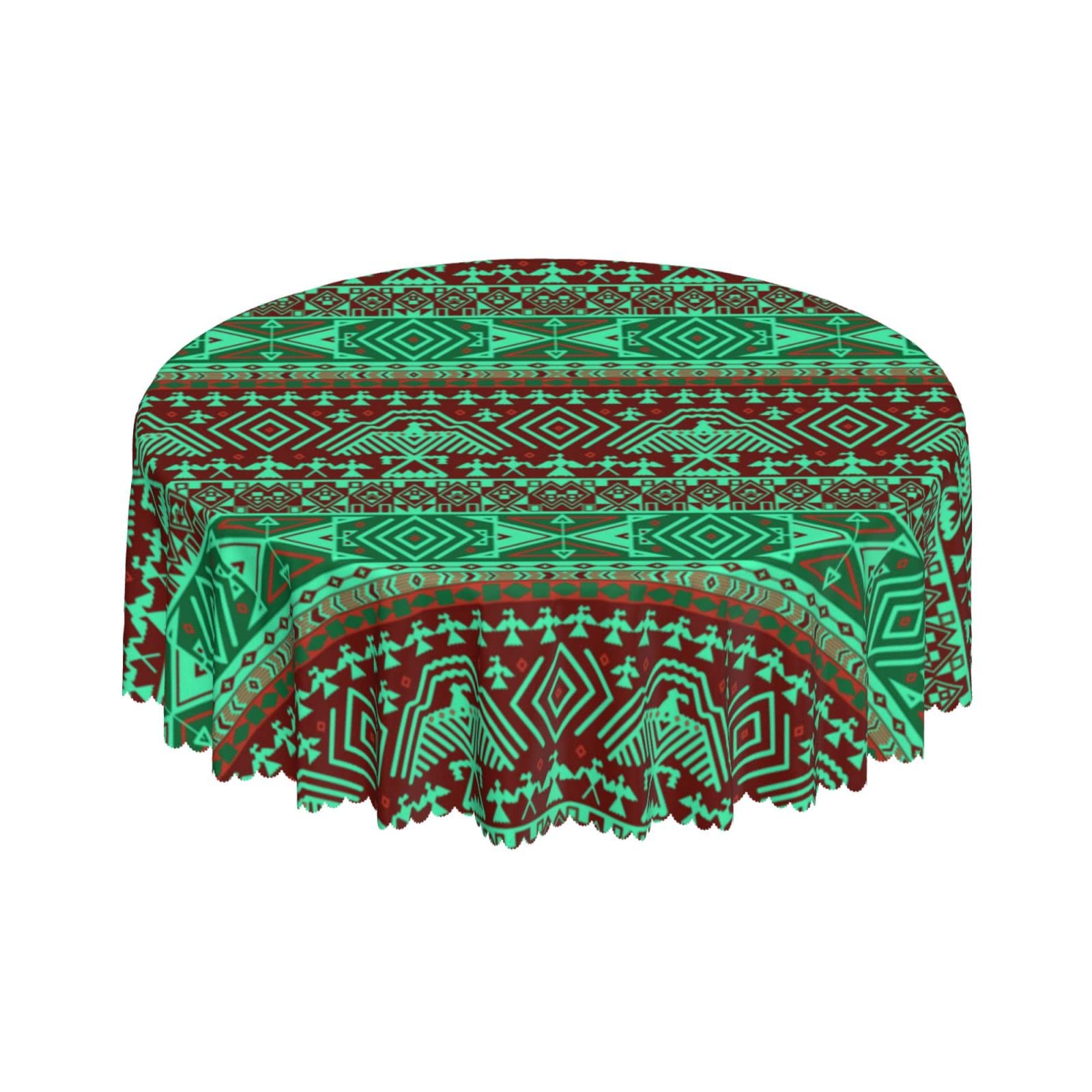 Lsjuee Tribe Ethnic Vintage Green Round Tablecloth 60 Inch Printed Washable Tablecloth for Dining Party Holiday Fall Home Decorative