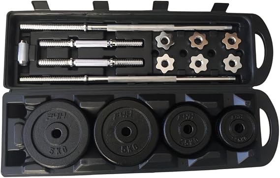 FIT4HOME Cast Iron Weight Set 50kg With Free Carry Case | Weight Lifting Strength Training Body Building Workout | Home Gym Dumbbells Barbell Set