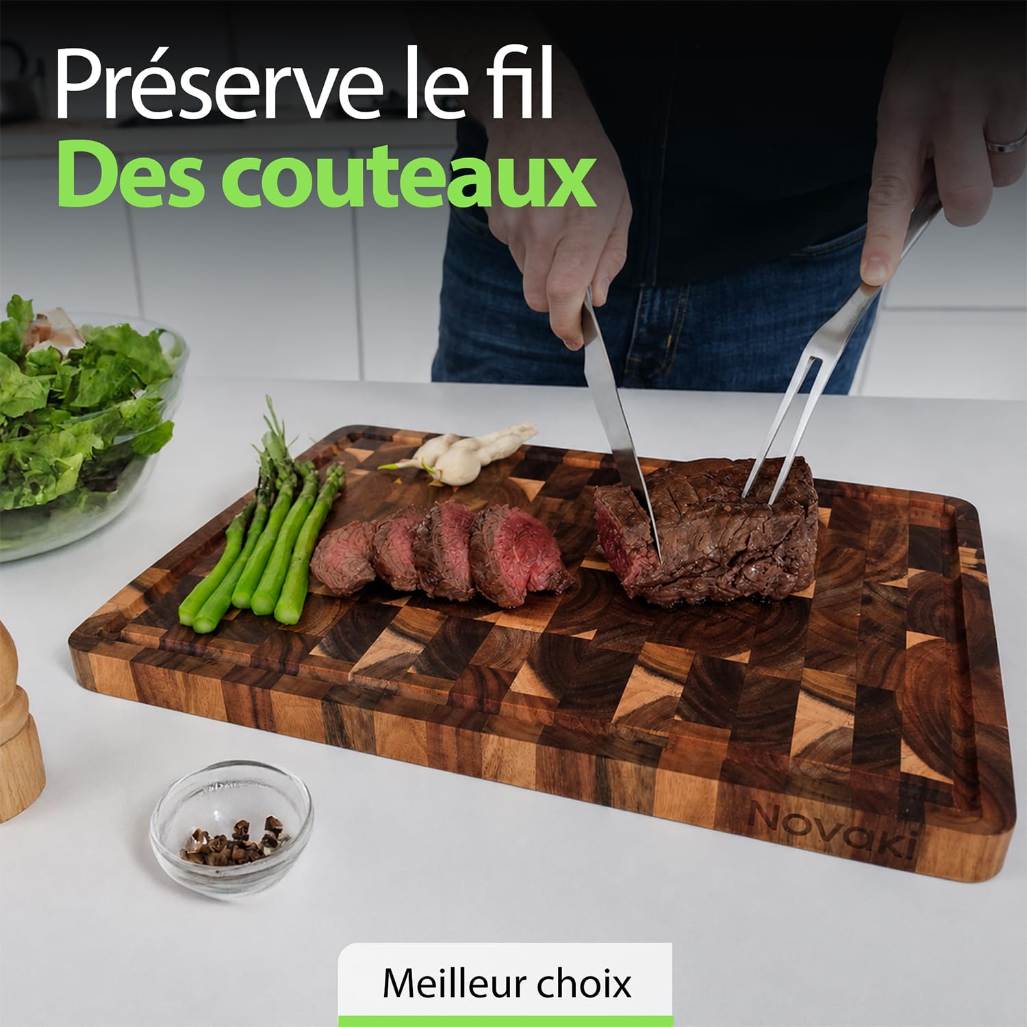 Novaki Planche à Découper Acacia Premium 40x30x2,5 cm – Bois de Bout Naturel, Double Face avec Rainure à Jus et Poignées – Fabrication Responsable et Matériaux Durables