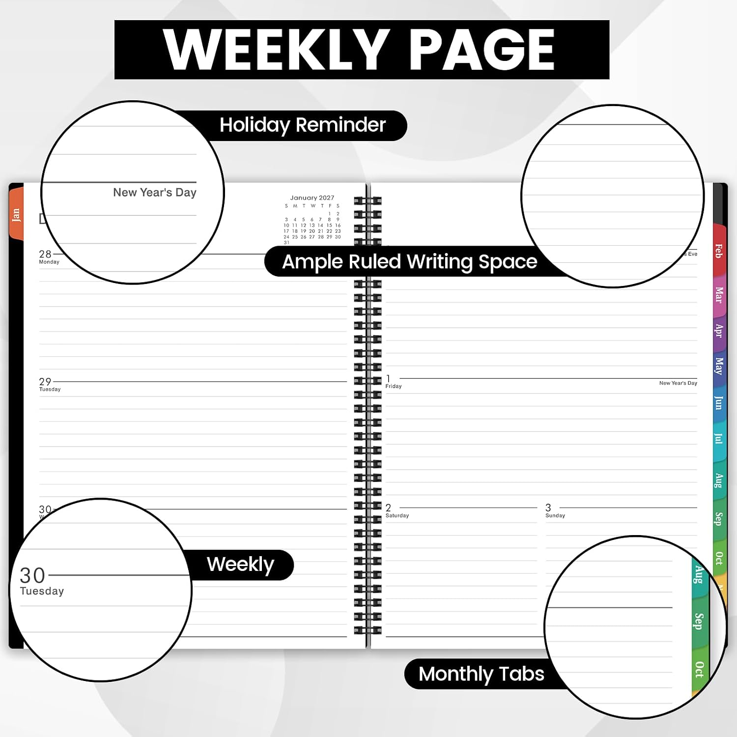 2027 Planner - 2027 Weekly and Monthly Planner | Jan. 2027 - Dec. 2027, 9” x 11”, Planner for Women Men with Twin-Wire Binding, 12 Colorful Tabs, Pocket, Holidays - Black thumbnail