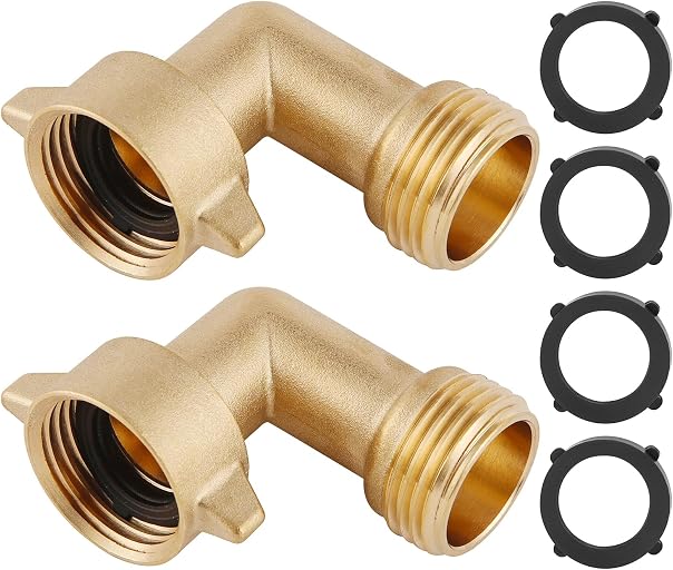 90-Degree Hose Elbow For RVs — Solid Brass Construction | Convenient Easy Grip Connector, For RV Water Hoses, Residential Outdoor Faucets, & More — 2-Pack