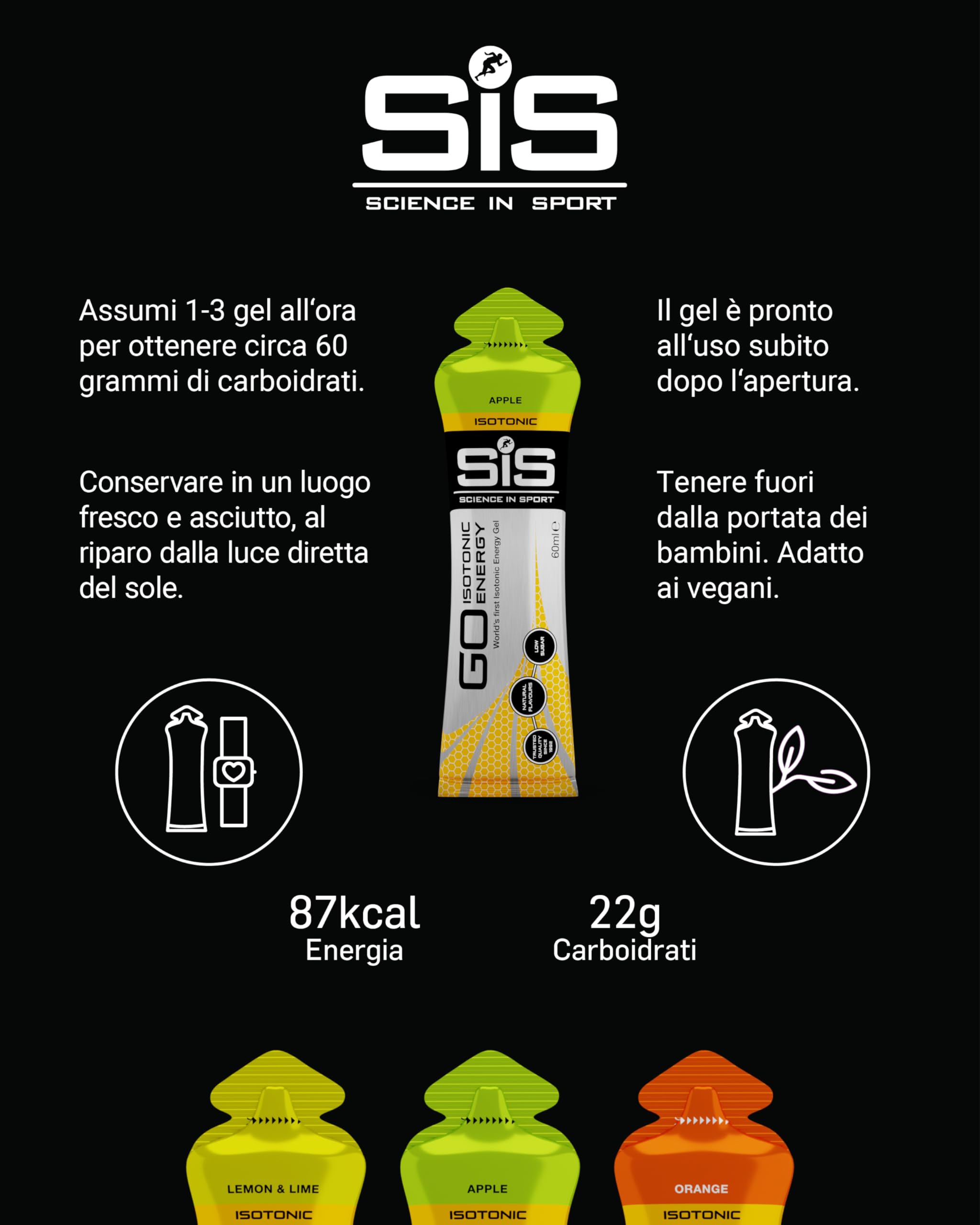 Science in Sport GO Energy Gel 5 x 60ml Vegano - Gel energetico isotonico con 22g di carboidrati, Ottimo fornitore di energia, Alternativa ottimale alle bevande isotoniche