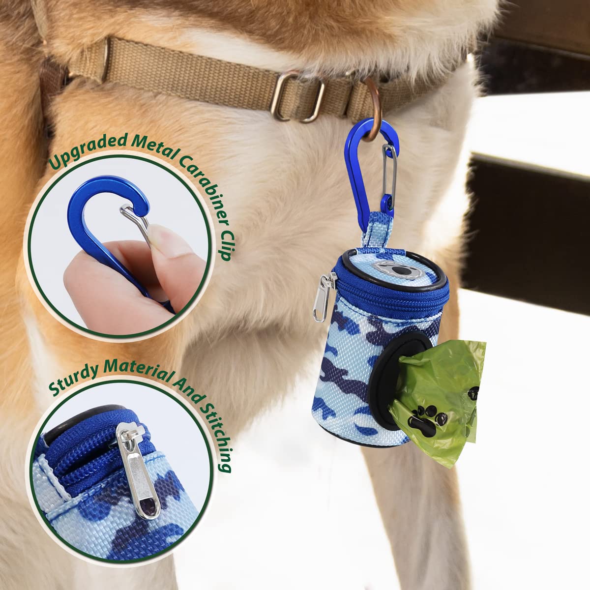 FURHAB Soporte para bolsa de excrementos de perro para correa, dispensador de bolsas de basura para cachorros, bolsa pequeña con cremallera para perros con clip de mosquetón, nailon Oxford 1680D con 1