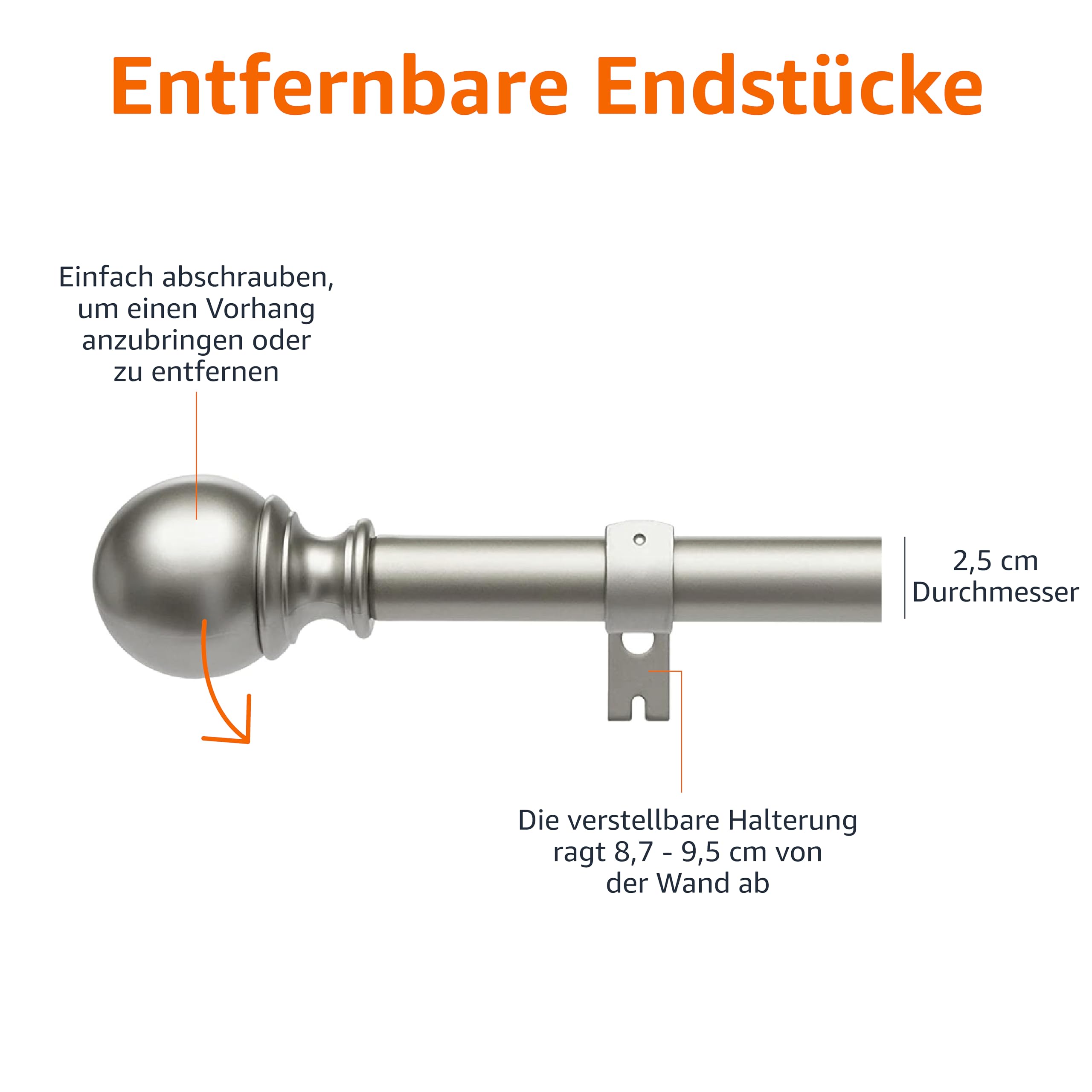 Amazon Basics Ausziehbare Gardinenstange mit Kugelendstücken, 19 mm Durchmesser, 183 bis 366 cm, Nickel