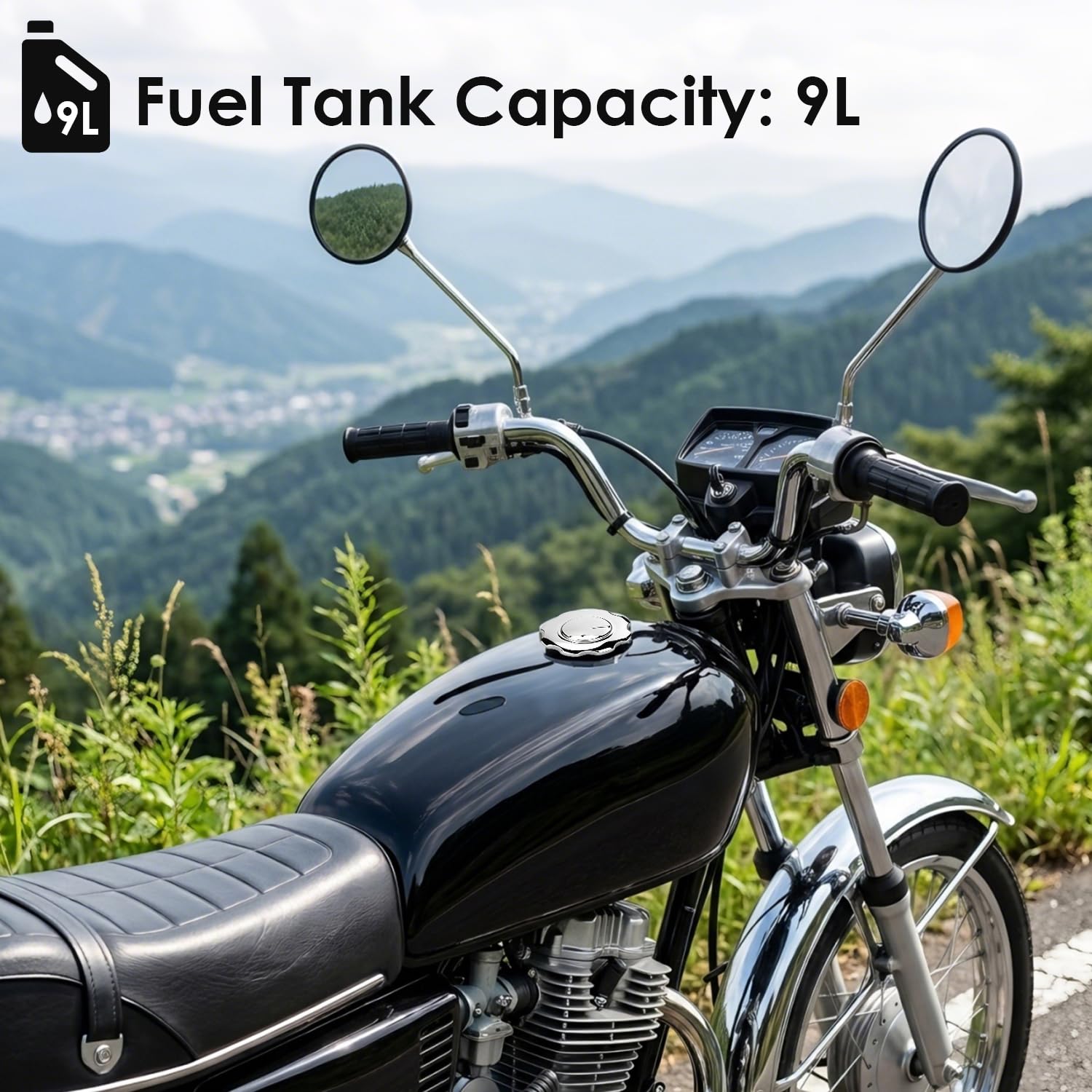 Uniwersalny zbiornik paliwa motocyklowego, pojemność 9 l, czarny, retro, z wyłącznikiem pokrywy, uniwersalny podział standardowy