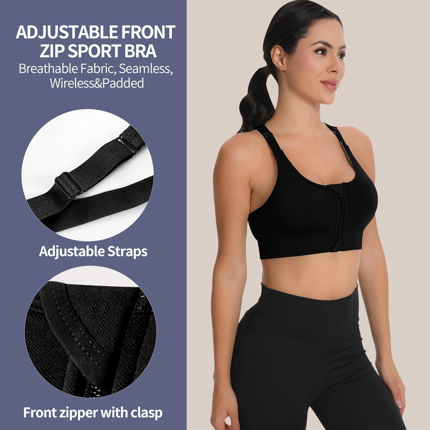 2 Pack Adjustable Sports Bras for Women, Zip Front Closure High Impact Seamless Wireless Padded Workout Gym Yoga Bra
