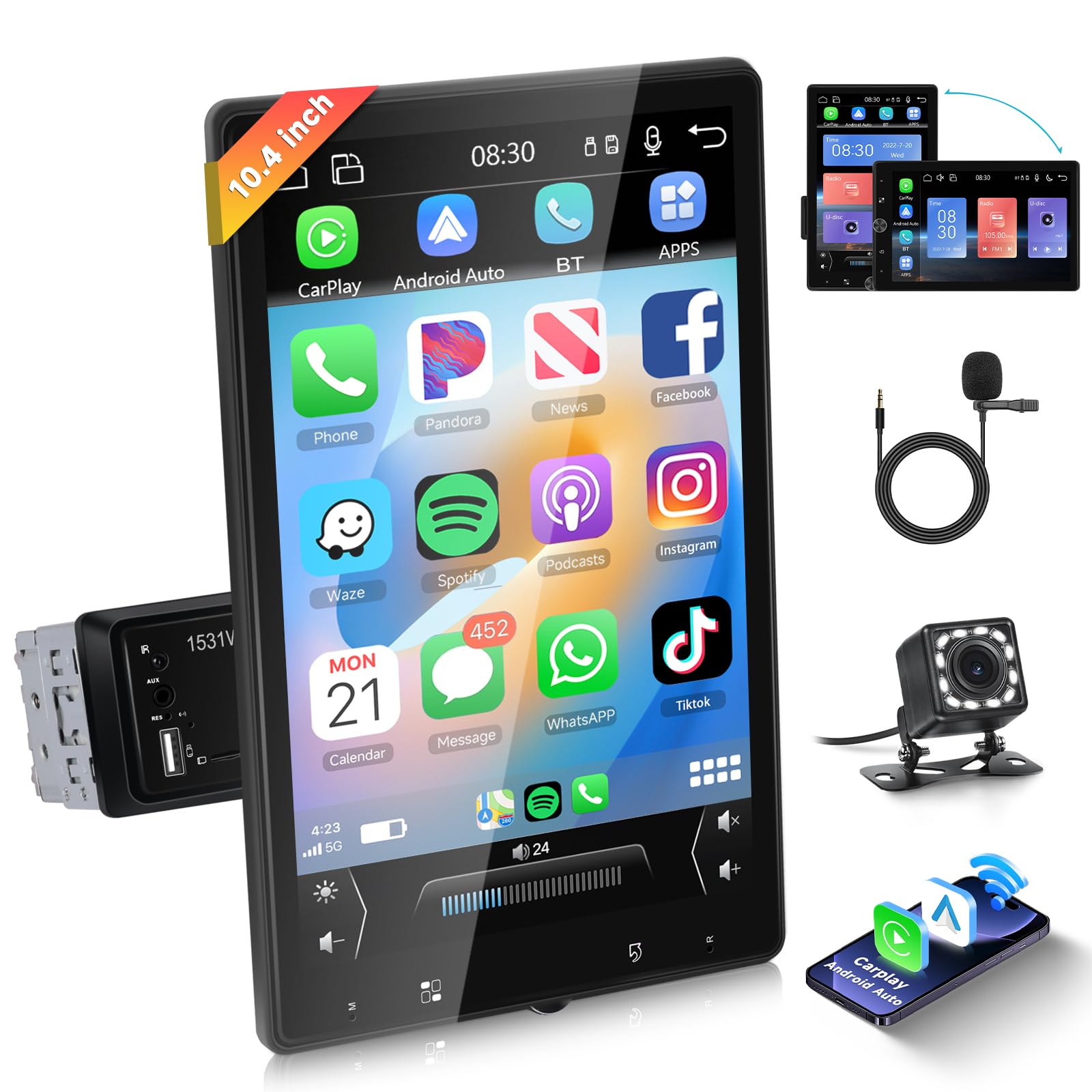 Single DIN Car Stereo with Wireless Carplay and Android Auto, 10.4 Inch Vertical Rotatable Radio Screen with Bluetooth,GPS, DSP, FM/RDS Car Radio