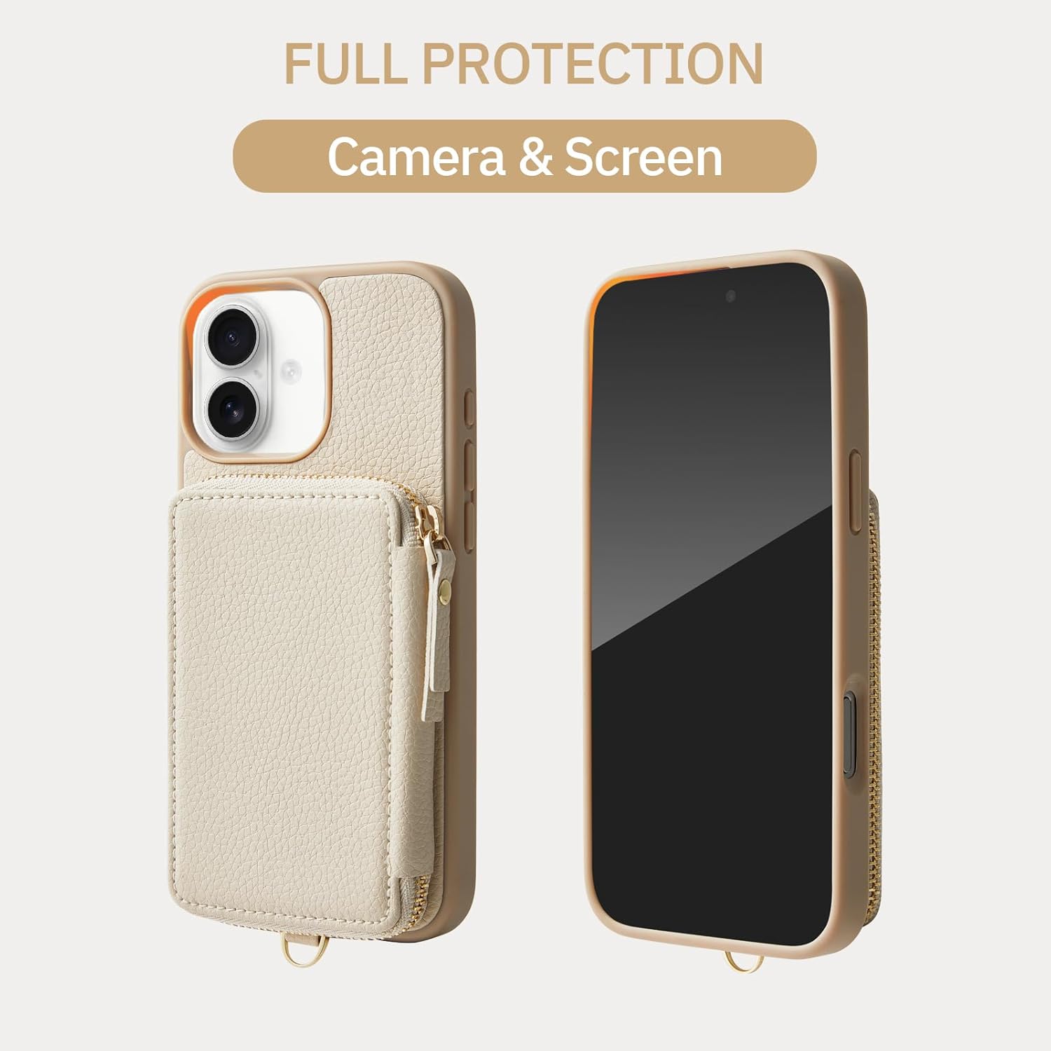 ZVE Compatible with iPhone 16 Case Wallet, Zipper Leather Card Holder with RFID Blocking and Detachable Wrist Strap for Women for iPhone 16, 6.1"-Beige - Image 7