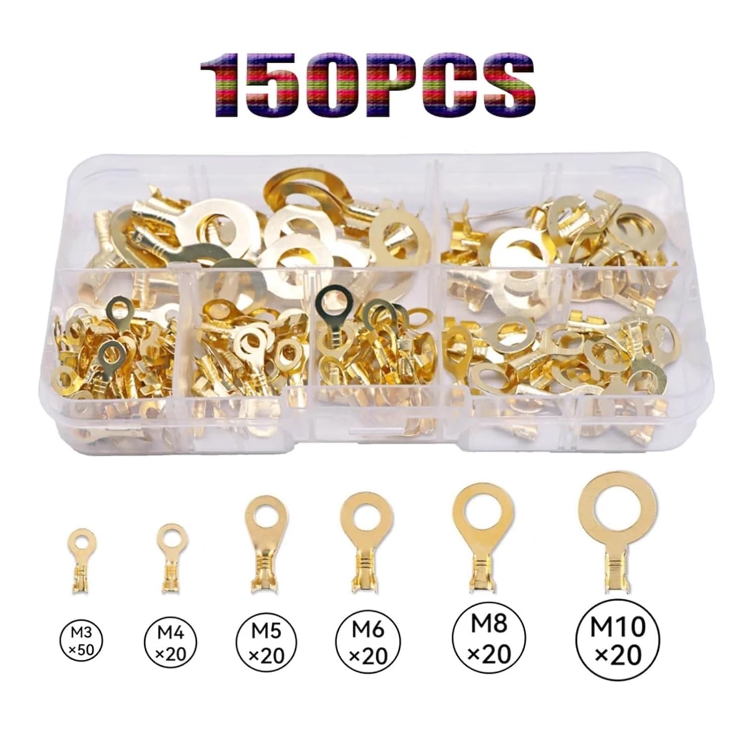 Lot de 150 cosses à anneau M3/M4/M5/M6/M8/M10 en cuivre à sertir - Kit d'assortiment non isolé - 17072