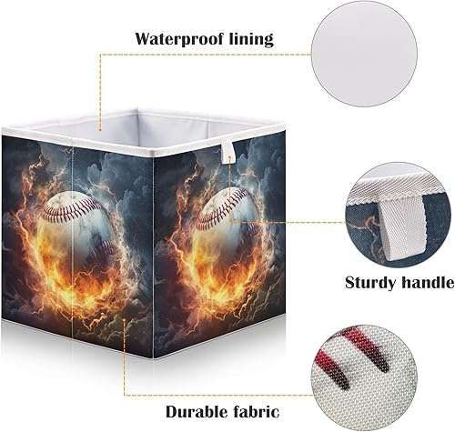 Miniatura 3 de Baseball Fire Cube Storage Bin Foldable Storage Cubes Fabric Storage Baskets for Shelf Closet Home Organizers, 15.75x10.6x7 In