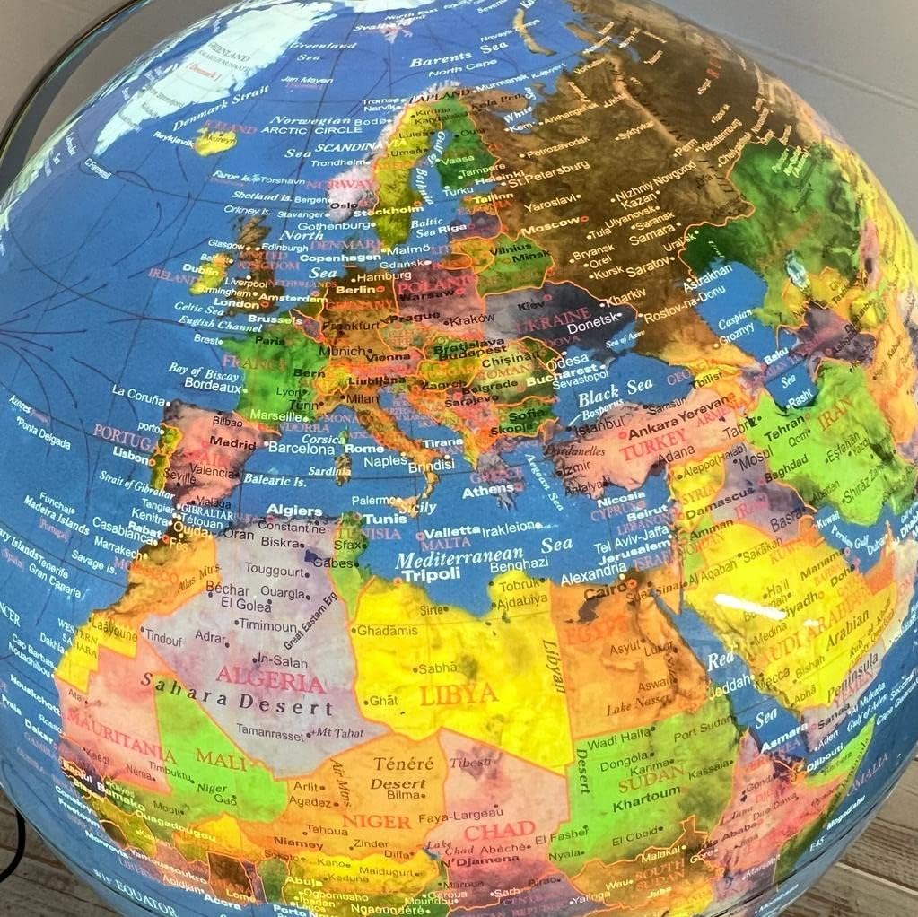 Thorness Multi-Coloured Political Globe, 30cm Diameter, Metal Base, Illuminated, Glossy Finish