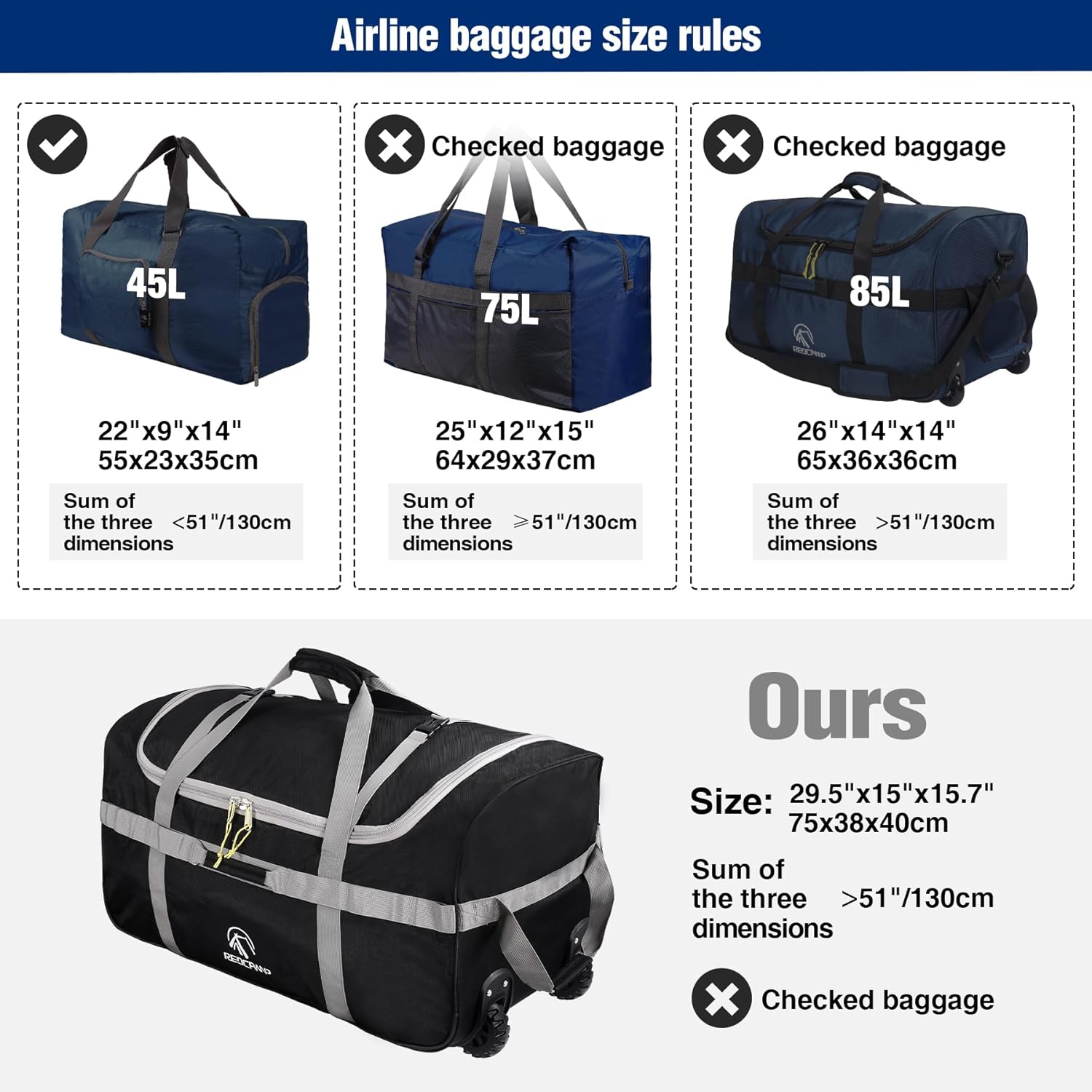 REDCAMP 85L/120L/140L Foldable Duffle Bag with Wheels, Large Travel Duffel Bag - Image 5