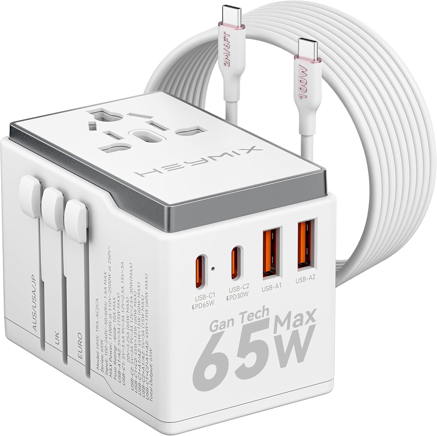 HEYMIX LIFE Universal Travel Adapter - 65W USB-C Travel Charger, 45W/30W/25W/20W International Power Adapter with USB C Fast Charging, Plug for US/UK/EU GaN Charger