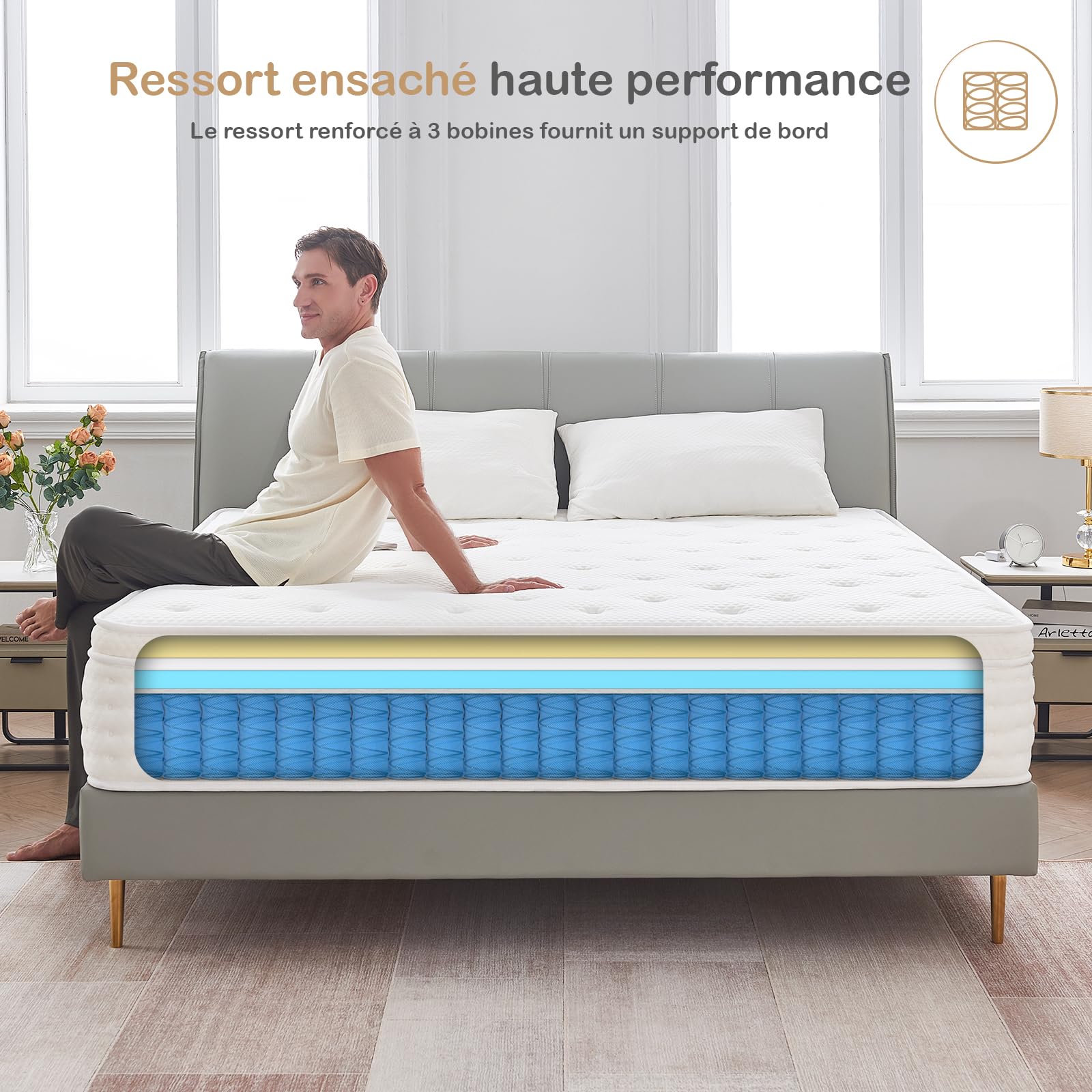 Hiepunos Matelas 140x200 cm, Épaisseur 26cm, Matelas à Ressorts Ensachés et à Mémoire de Forme, Matelas Hybride, 7 Zones de Confort, H3 Moyenne Ferme, Soutien Parfait, Respirant