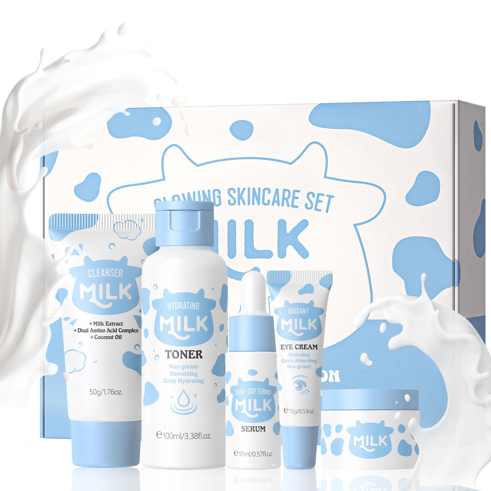 Milk Skincare Set, 5PCS Milk Skincare Set for Teen Skincare, Teenage Girls Gift Sets with Cleanser, Toner, Eye Cream