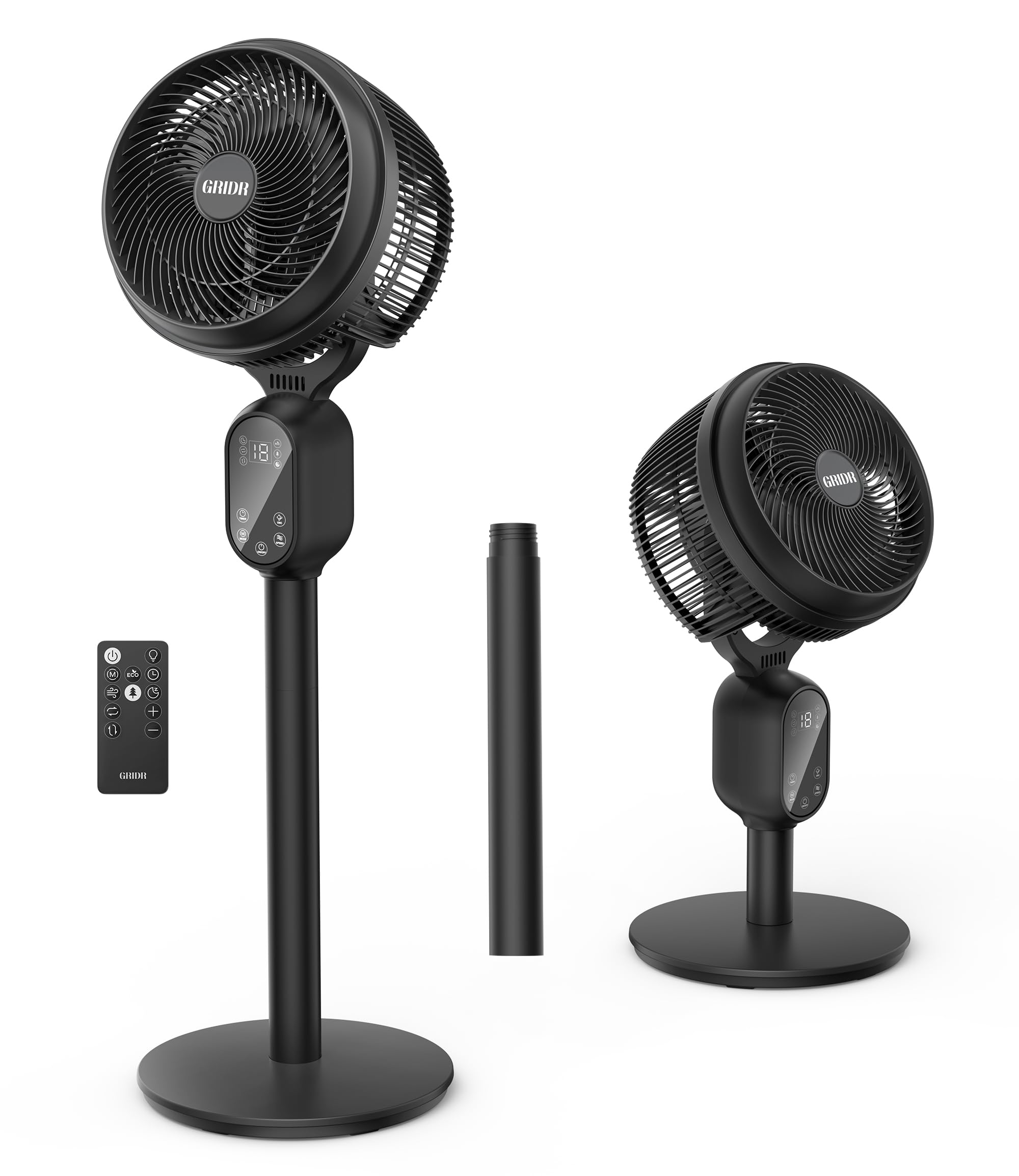 GRIDR Fan For Bedroom, Pedestal Fans 90°+90° Smart Oscillating, Standing Fans for Home 12 Speeds, 4 modes, 12H Timer, Quiet Floor Fan with DC Motor 20dB, 90ft for Room, 22-35'' Adjustable Height