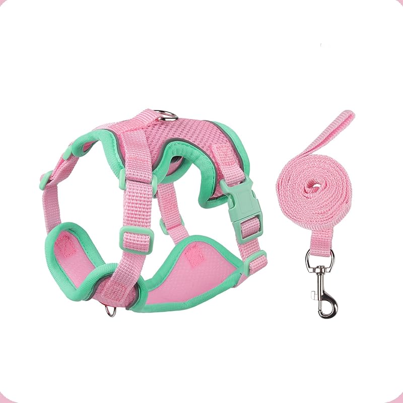 Peitoral para Gatos e Cães Pequenos com Guia, Mesh Respirável e Faixas Refletivas Muejjur Verde e Rosa (M)
