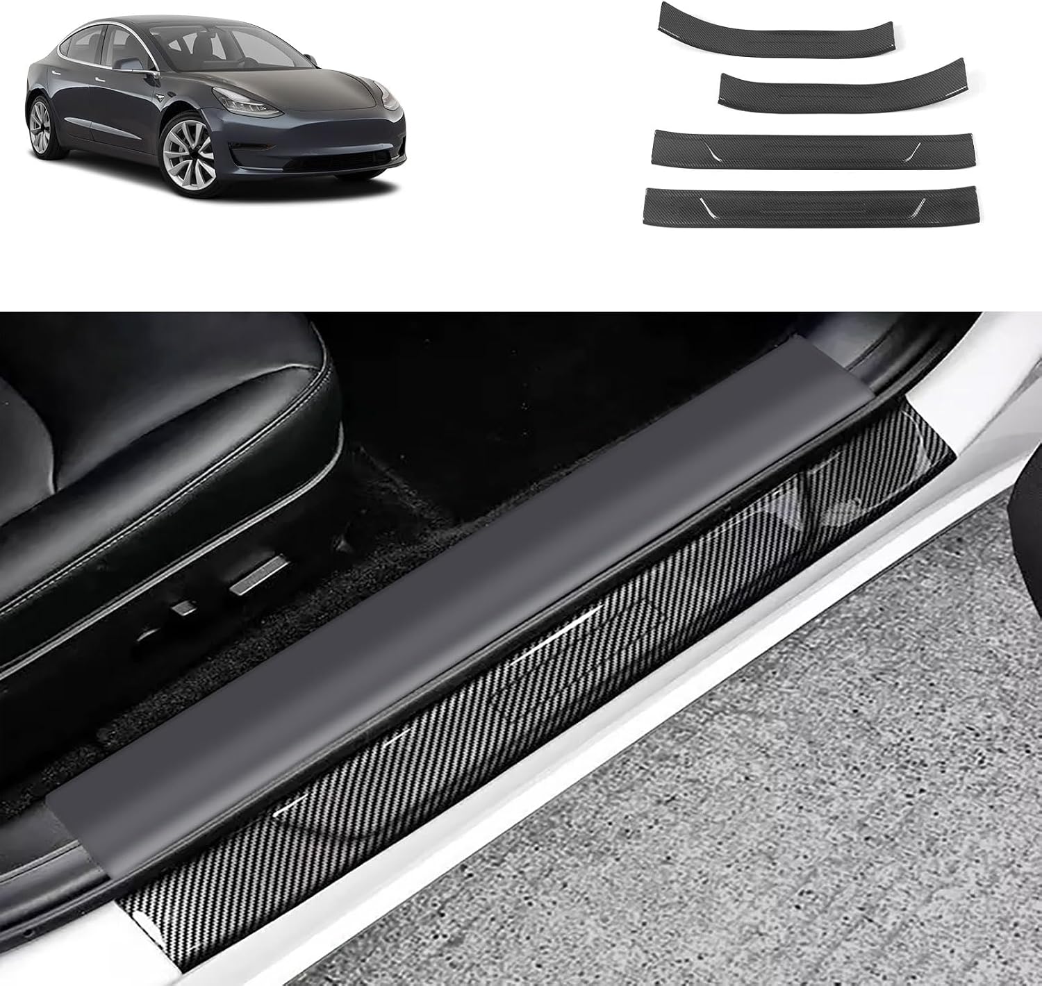 Entry Guards Cover Compatible with Tesla Model 3 2023 2022 2021 2020 2019 Inside Door Sills Guard Sills Protector Trim Interior Car Accessories ABS 4PC(Carbon Fiber Style)