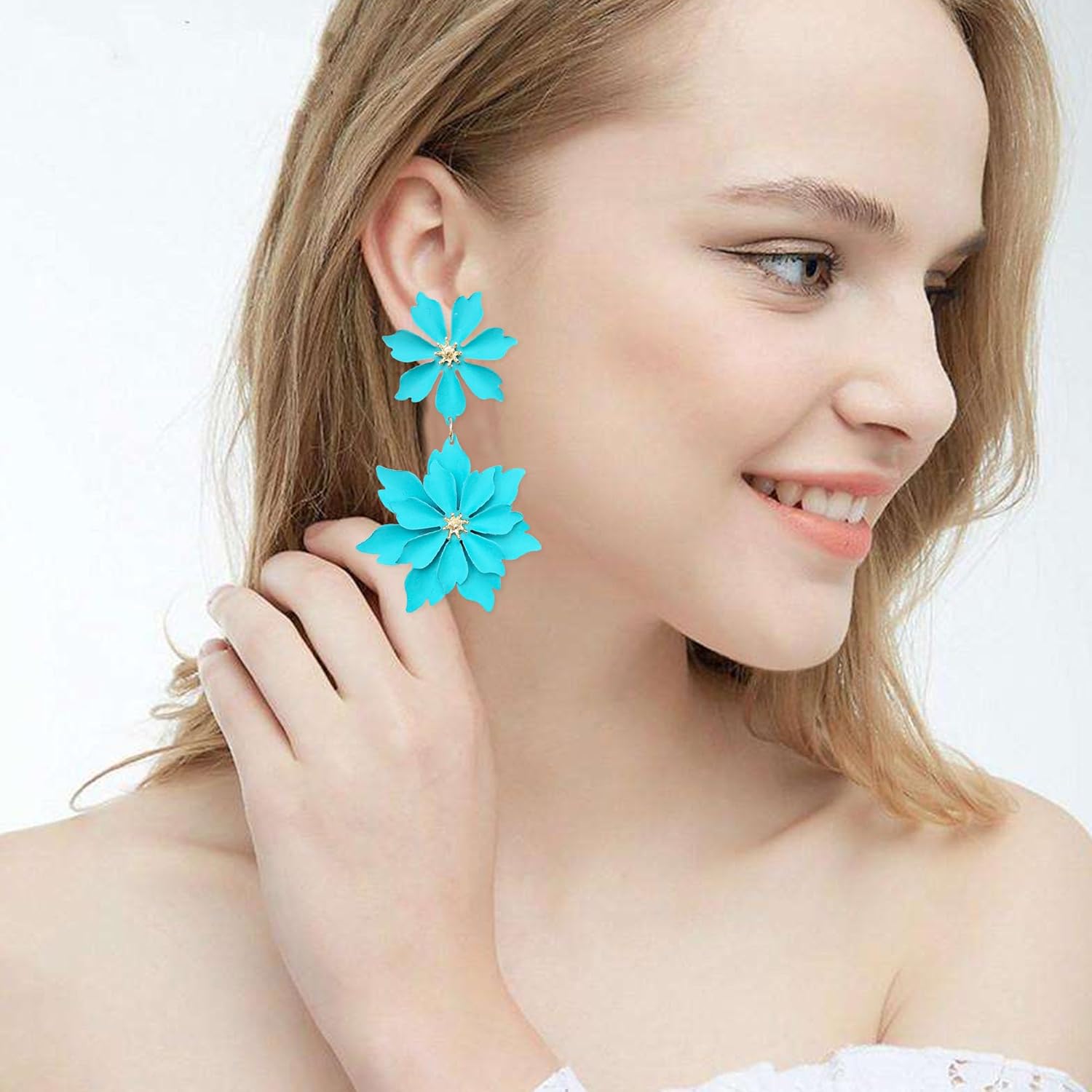 Handmade Bohemian Large Matte Double Flower Dangle Drop Earrings Metal floral Stud Earrings For Women Statement Wedding Holiday Jewelry Gifts - Image 3