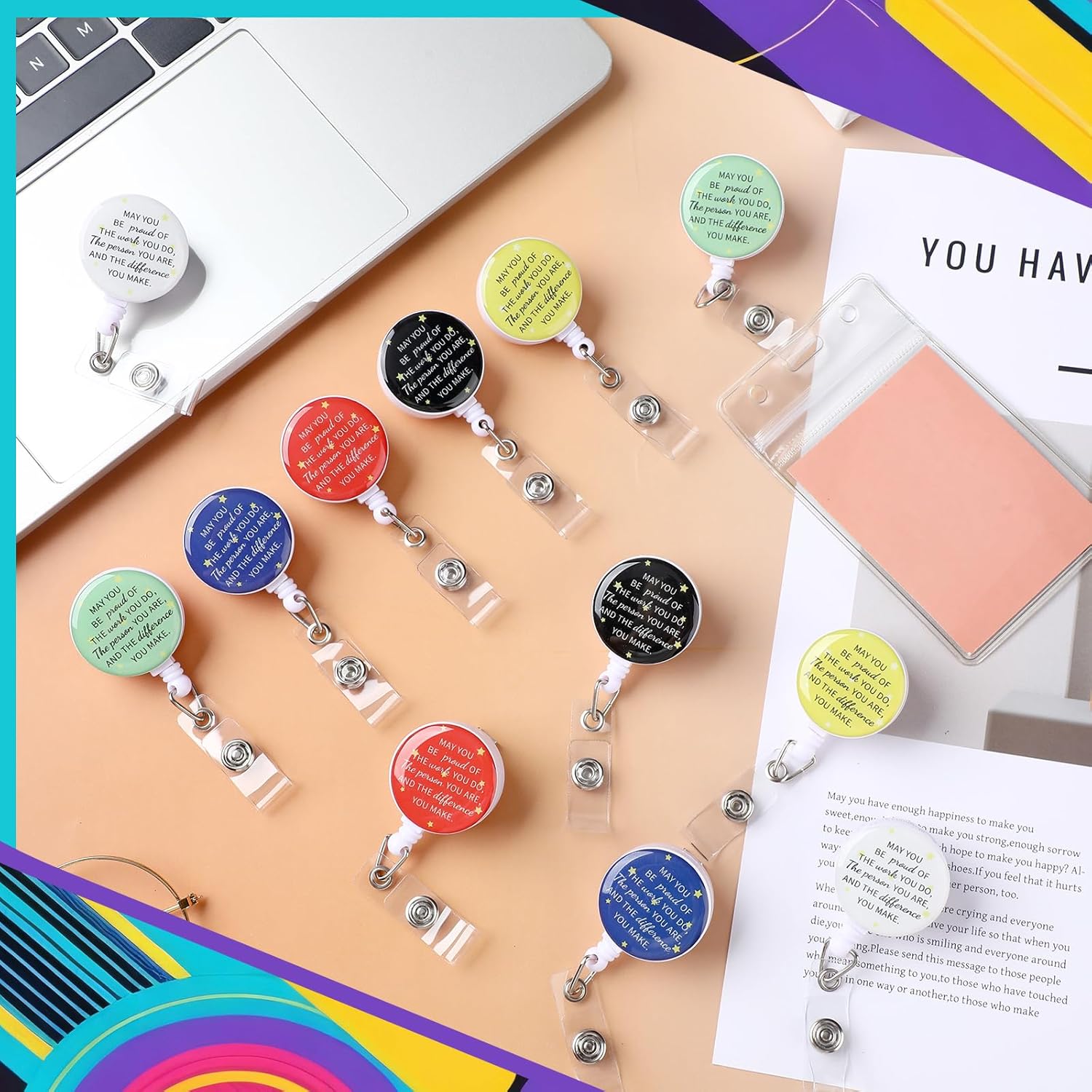Engrowtic 36 Pcs Nurse Appreciation ID Badge Holder Gifts Bulk May You Be Proud of The Difference You Make Administrative Assistants Day Gifts Badge Reel for Women Coworker Employee (Colorful)