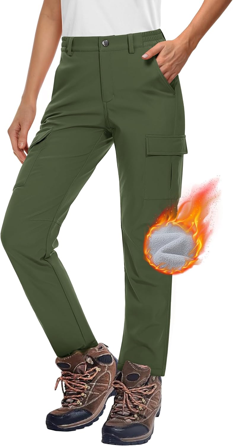 MAGCOMSEN Women’s Fleece Lined Winter Hiking Waterproof Insulated Outdoor Snow Ski Softshell Pants for Cold Weather