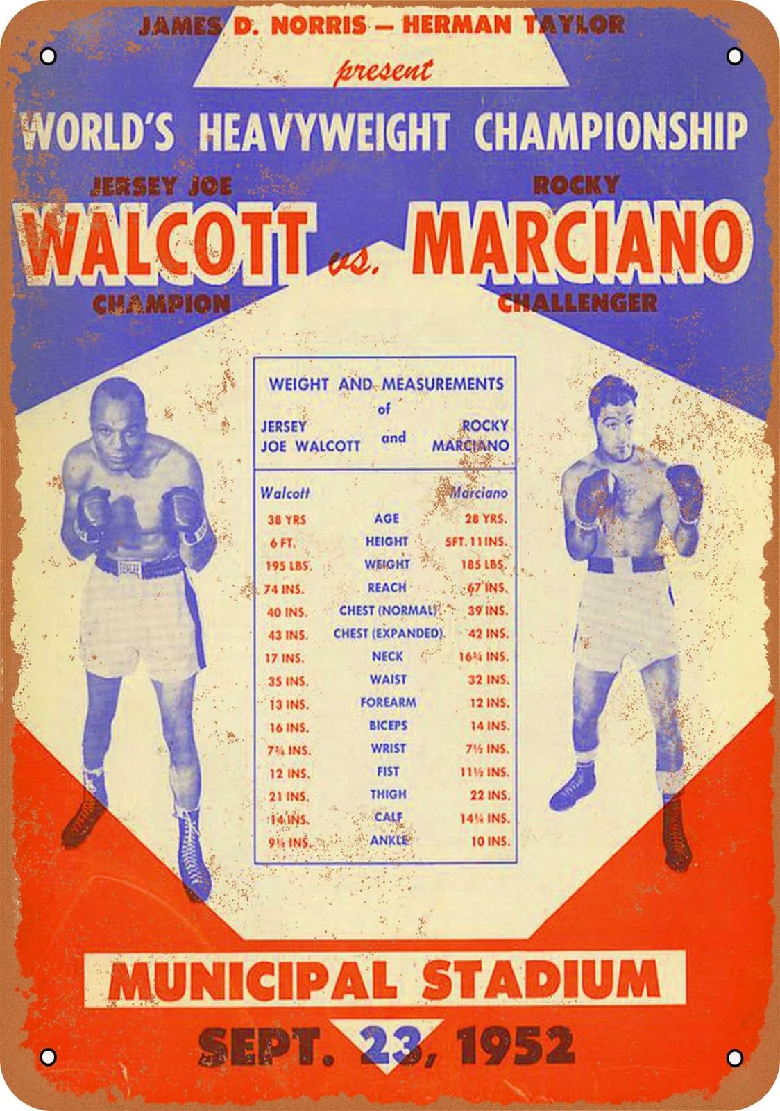 Miaomansenstore Metal Sign - 1952 Walcott Vs Marciano - Vintage Look Home Decor