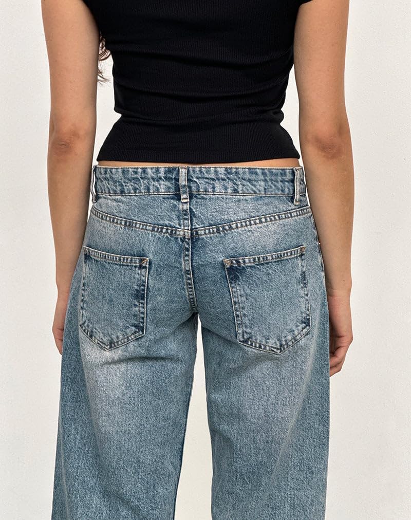 EMMIOL Mid-Low Rise Baggy Jeans for Women, Straight Leg Vintage Boyfriend Jeans with Distressed Details
