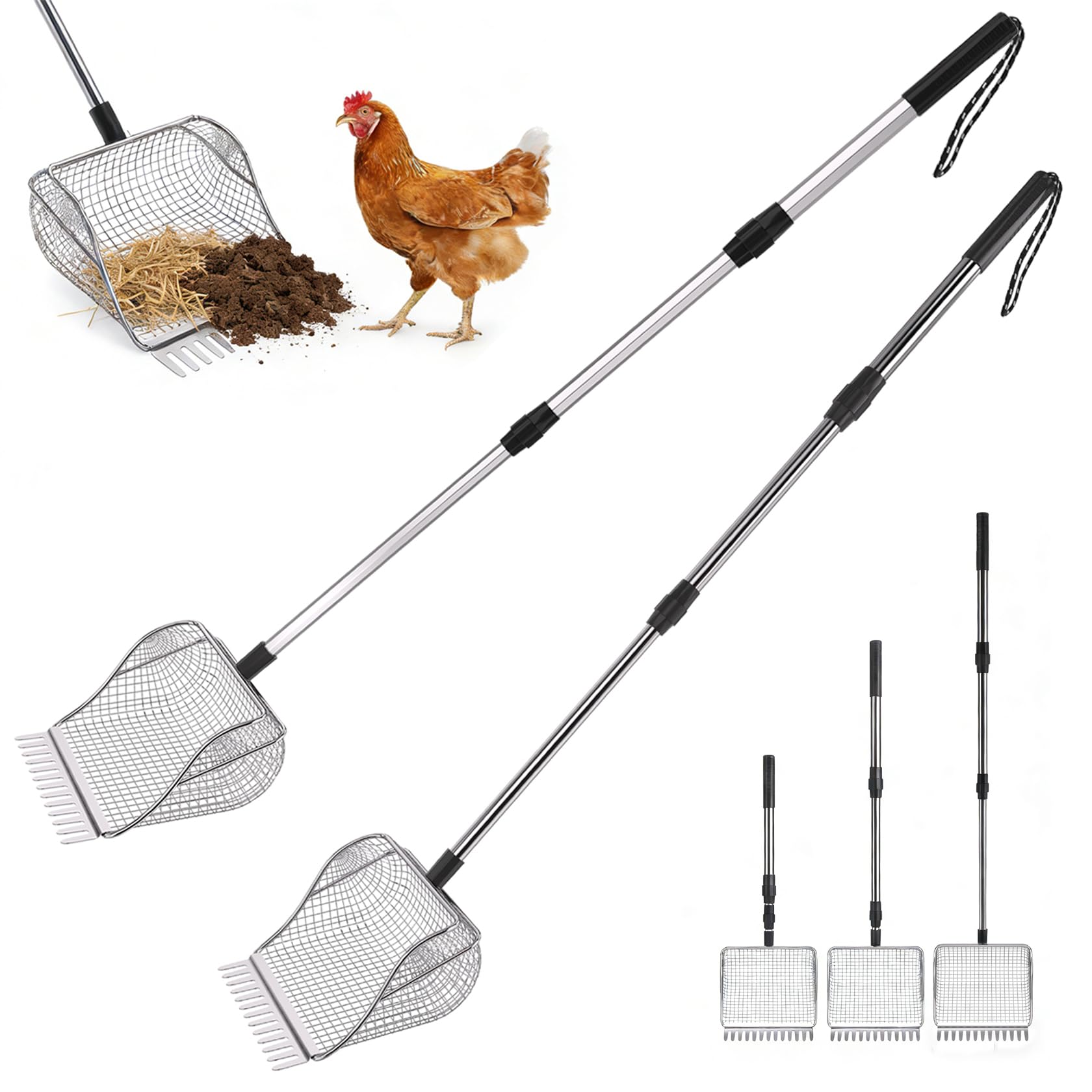 Hühnerkotschaufel Set, 2 Stück Große Siebschaufel mit 110cm Teleskopgriff