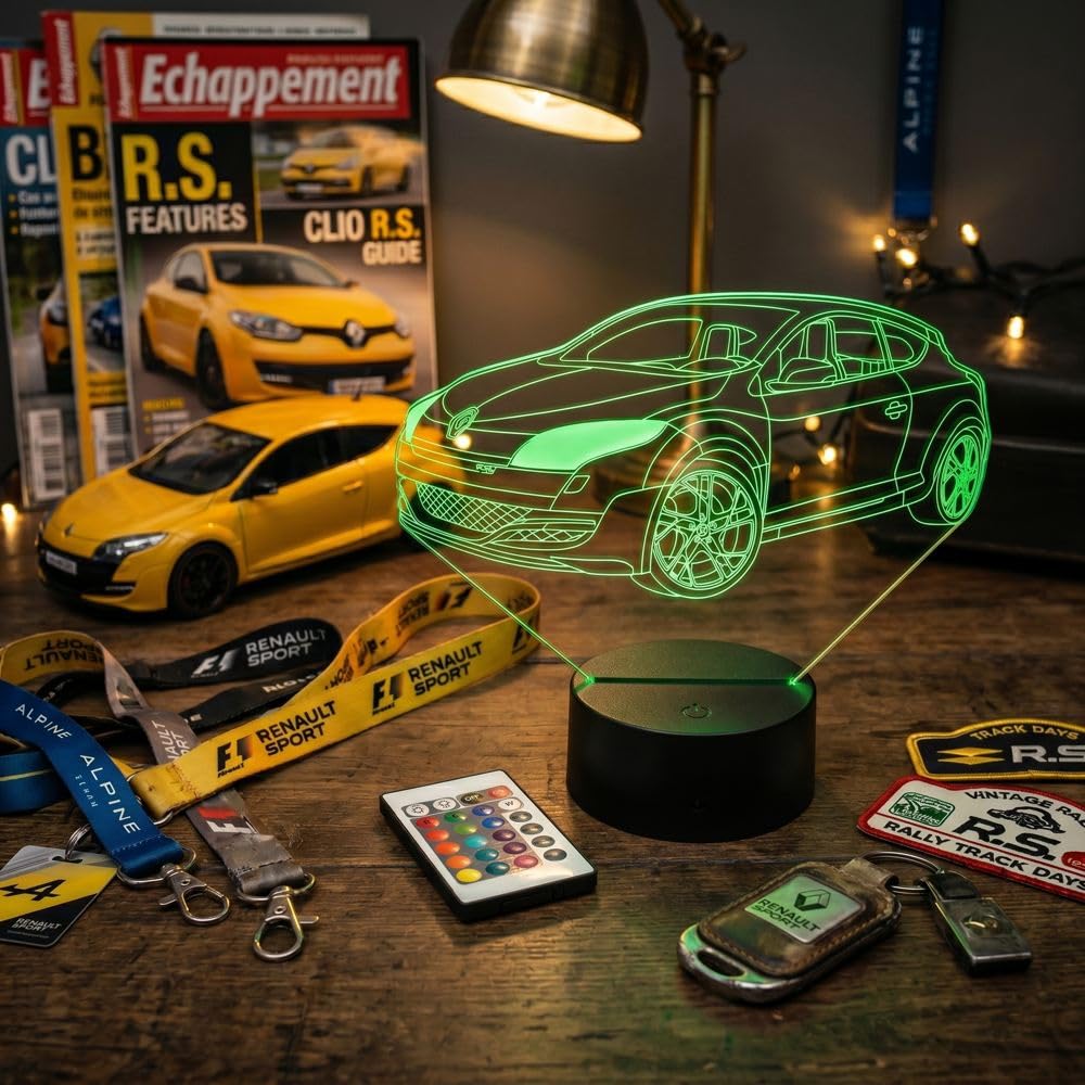 Lampe LED 3D Renault Mégane 3 RS Personnalisée Prénom – Veilleuse 16 Couleurs Télécommande